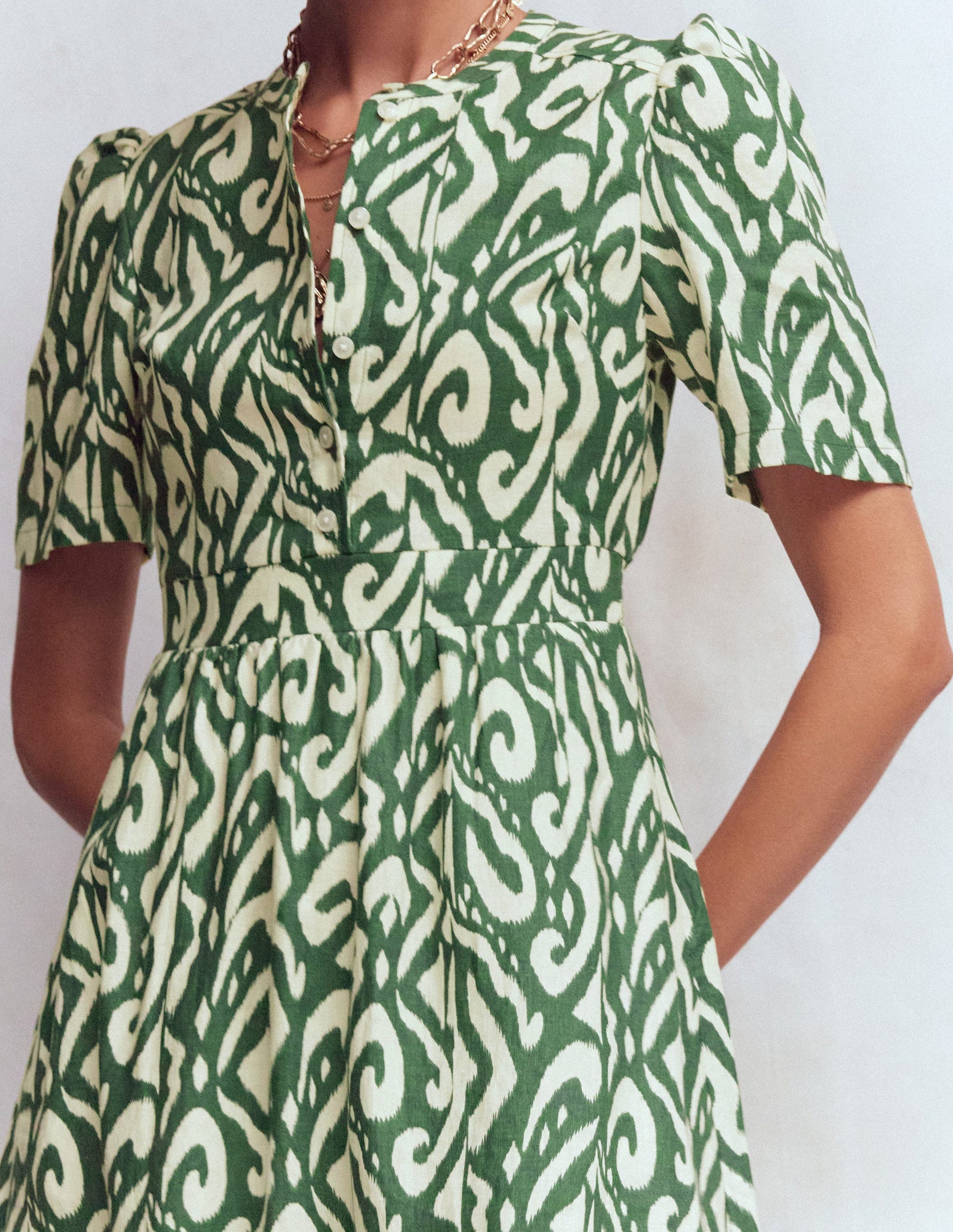 Ivy Button Linen Midi Dress-Hunter Green Ikat-2