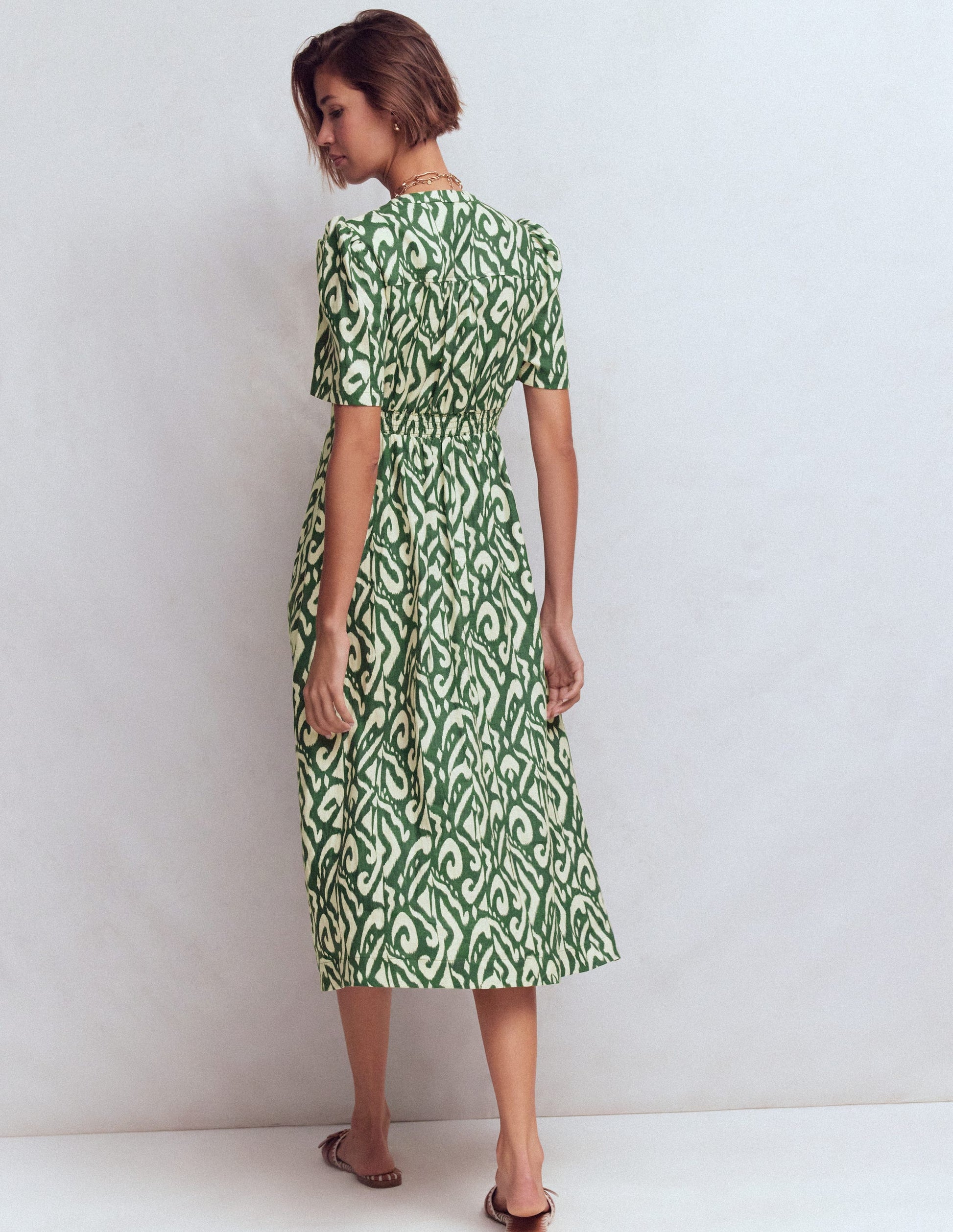 Ivy Button Linen Midi Dress-Hunter Green Ikat-3