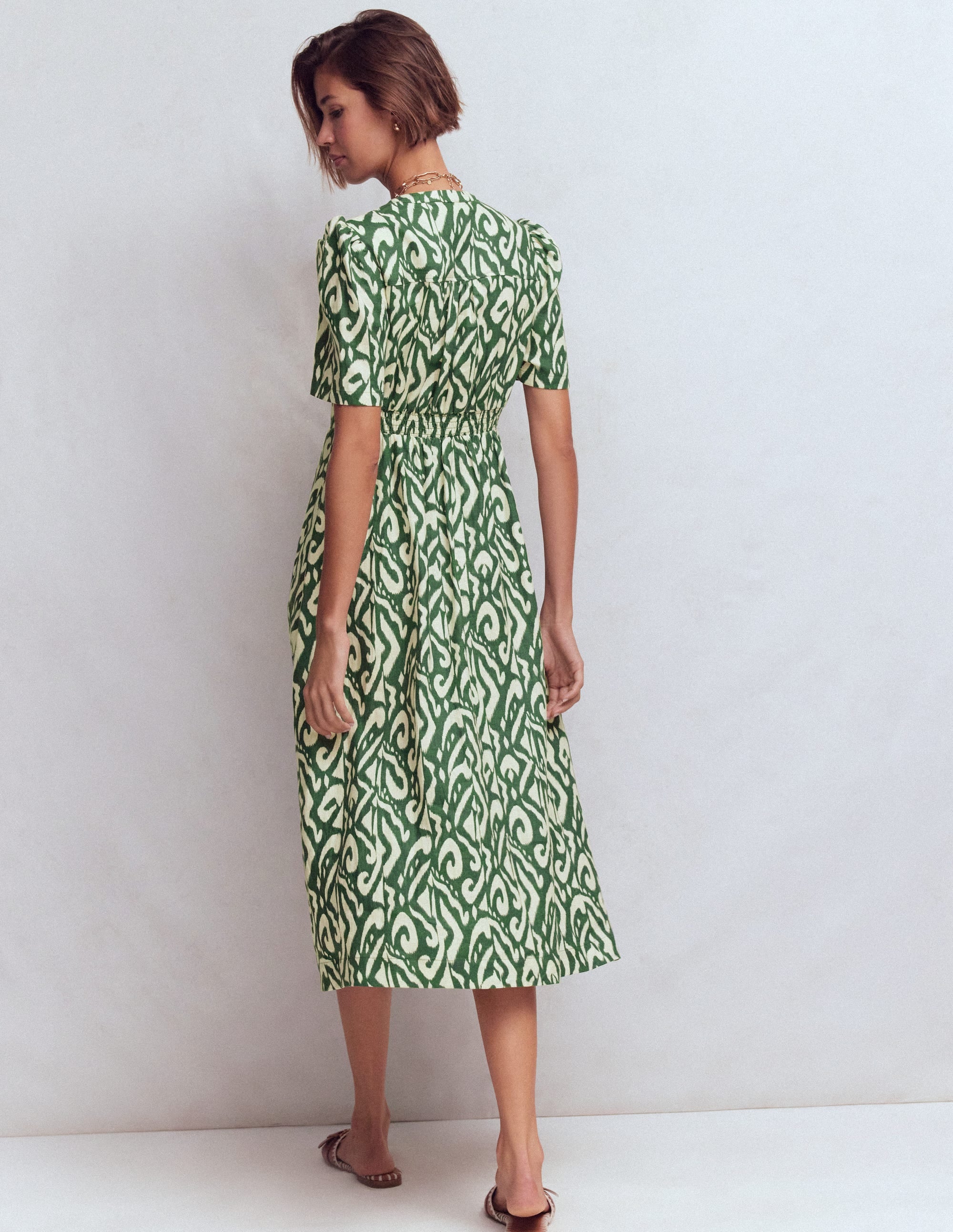 Ivy Button Linen Midi Dress-Hunter Green Ikat - Image 3
