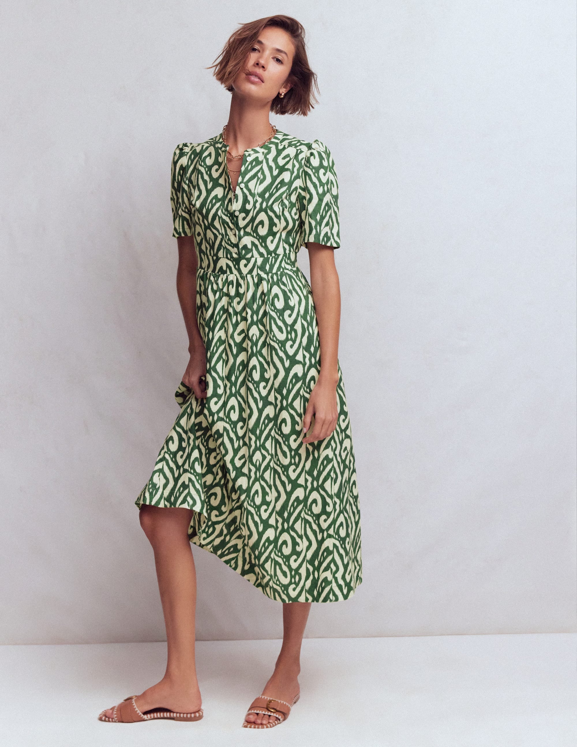Ivy Button Linen Midi Dress-Hunter Green Ikat - Image 4