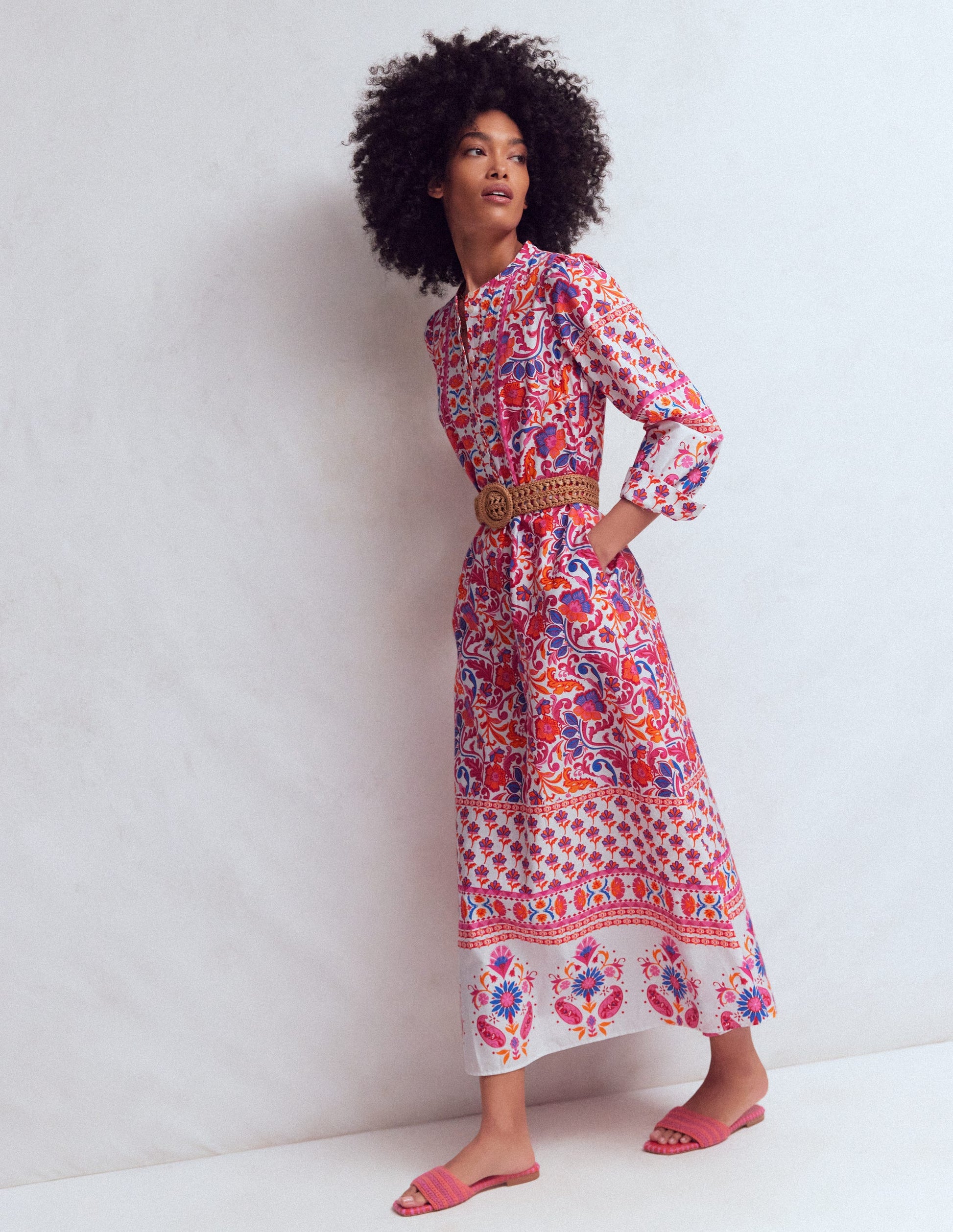 Ava Cotton Midi Dress - Pink Flourishing Meadow Border