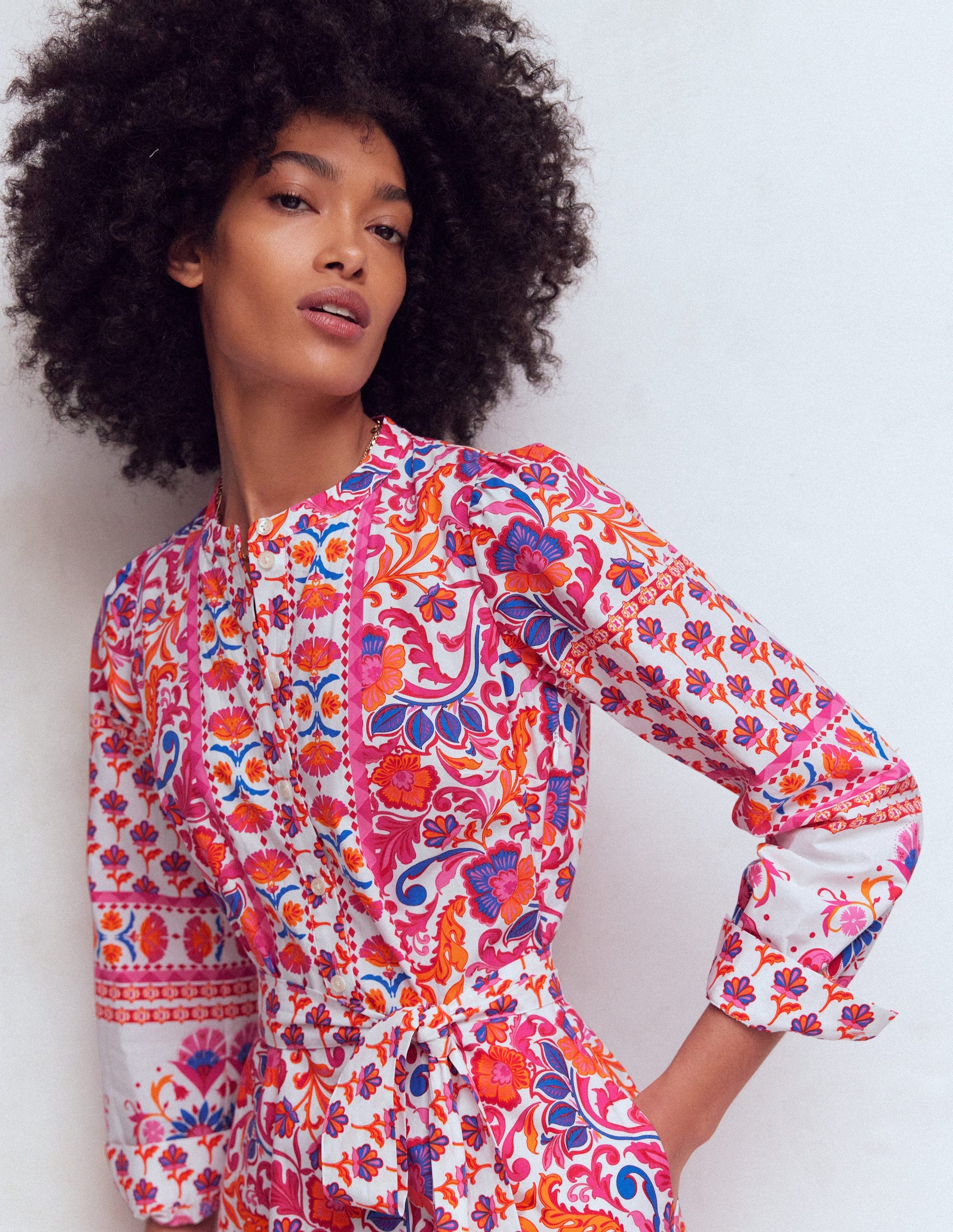 Ava Cotton Midi Dress-Pink Flourishing Meadow Border-4