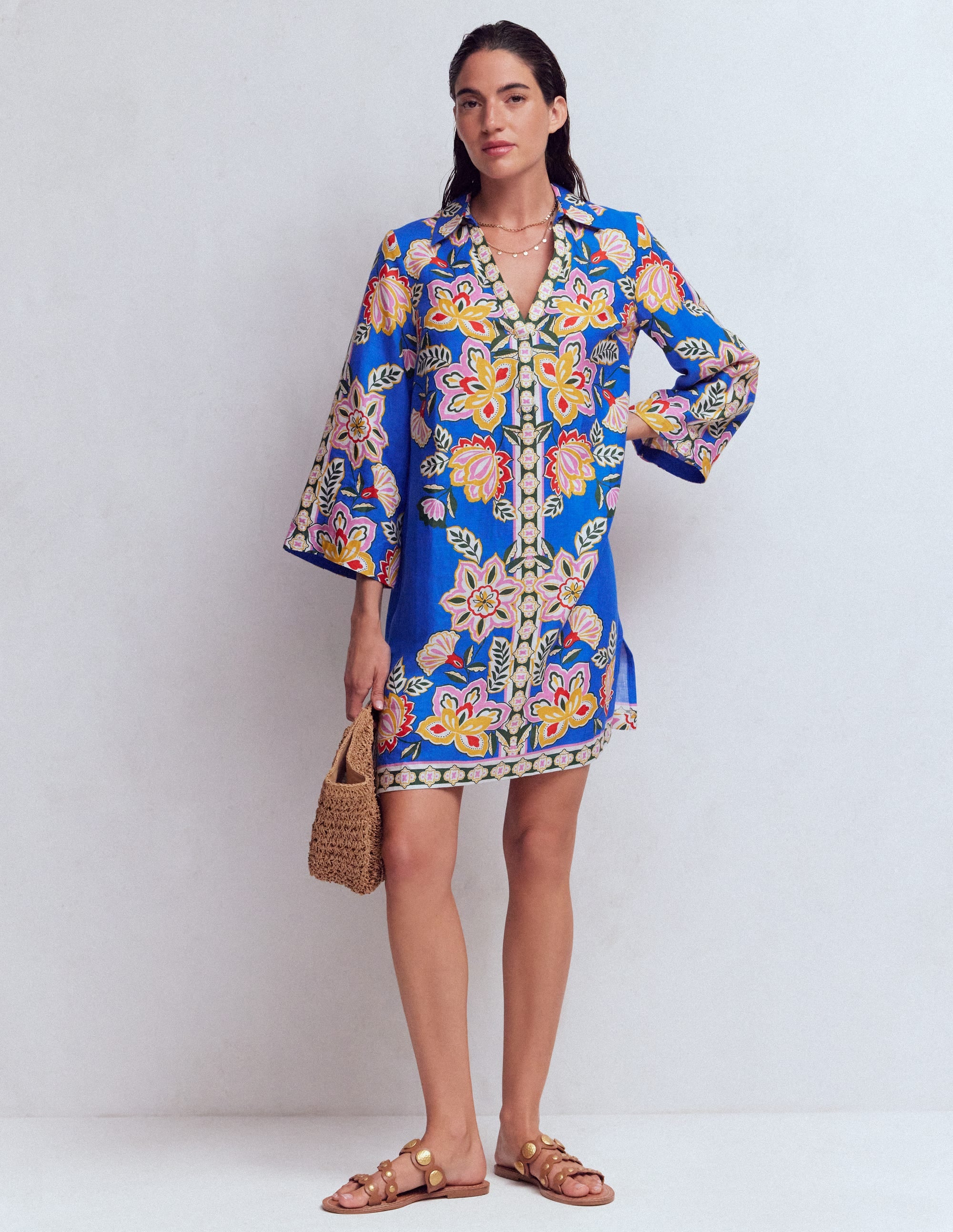 Carmen Linen Short Dress-Blue Blossom Elegance - Image 1