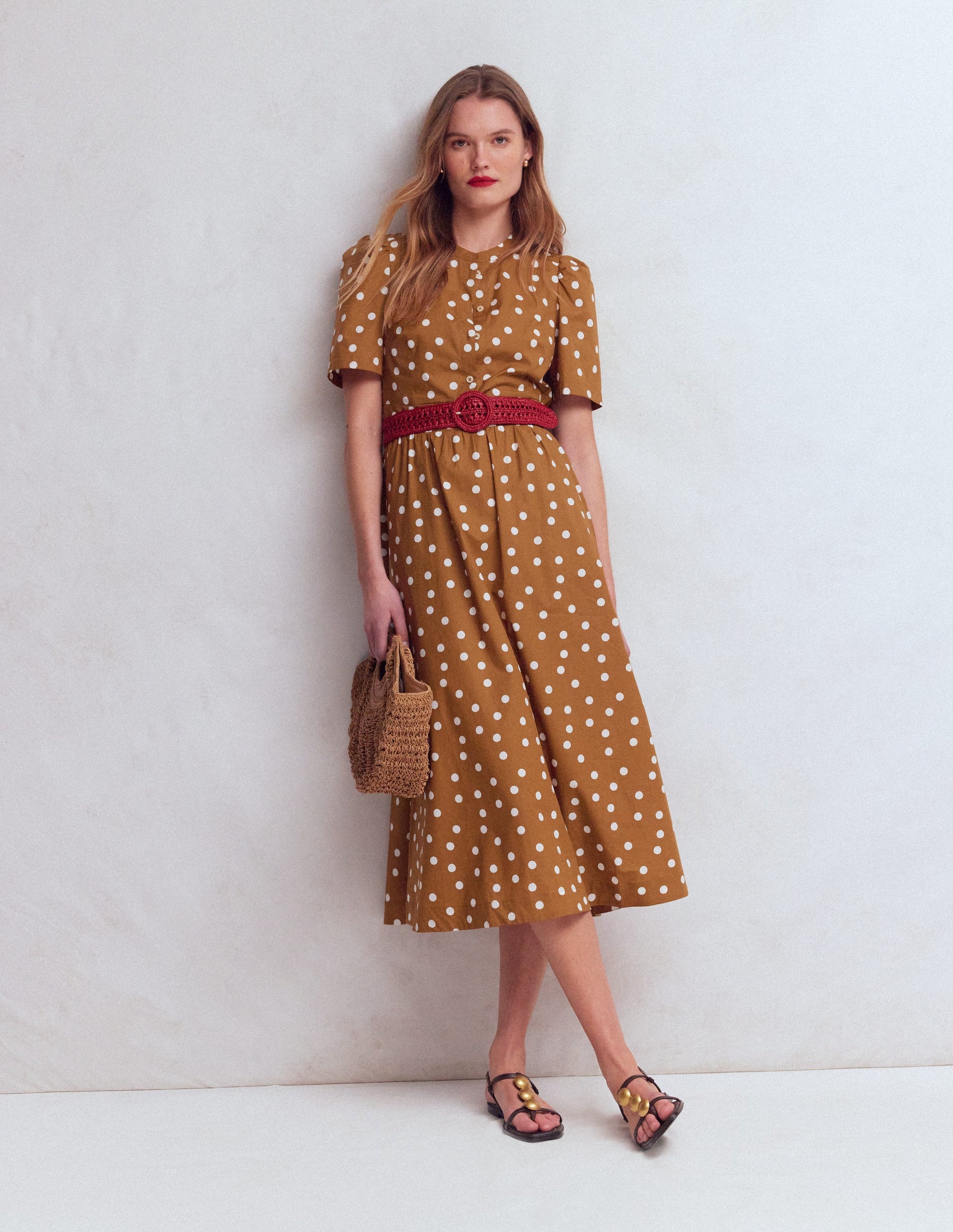 Ivy Button Cotton Midi Dress - Brown Painted Dot Spaced
