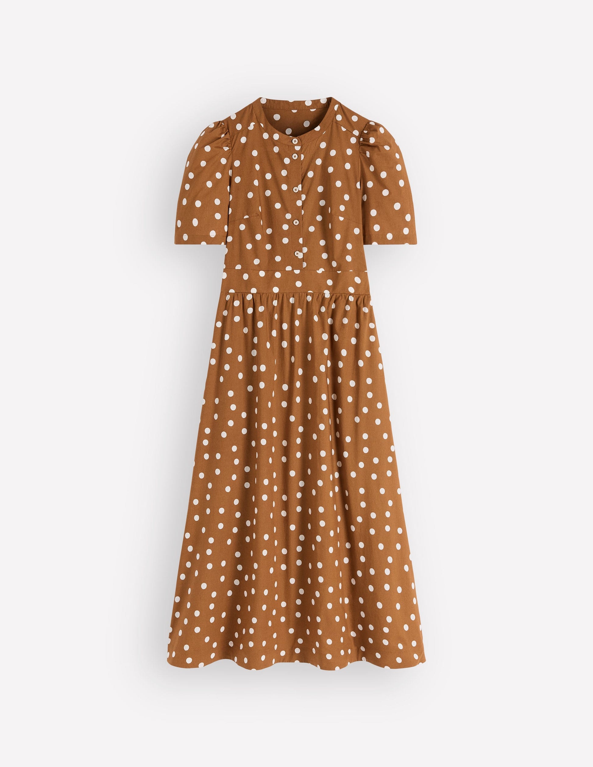 Ivy Button Cotton Midi Dress-Brown Painted Dot Spaced-5