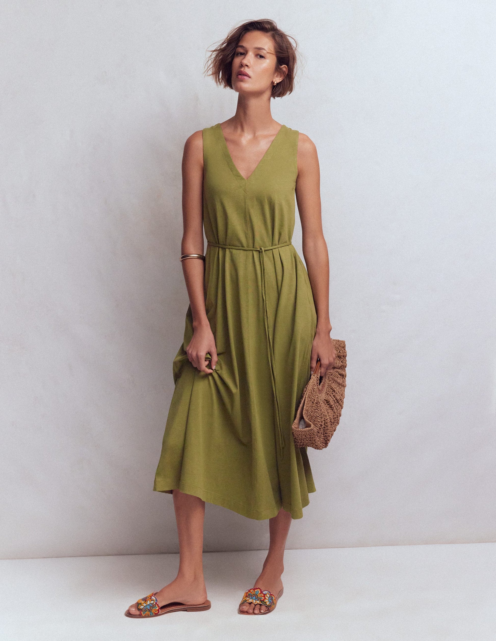 Mia V-neck Jersey Midi Dress-Olive-1