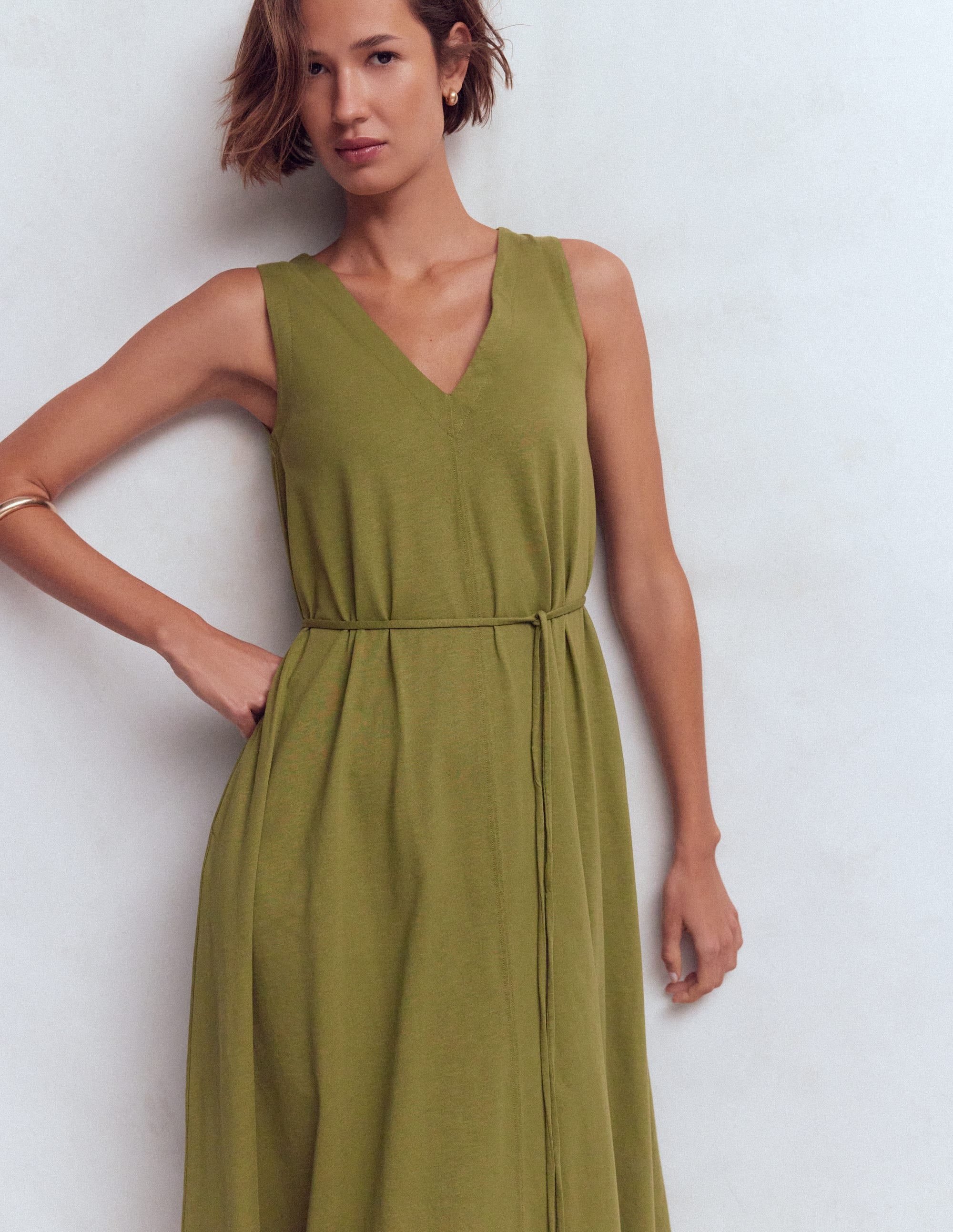 Mia V-neck Jersey Midi Dress-Olive - Image 4