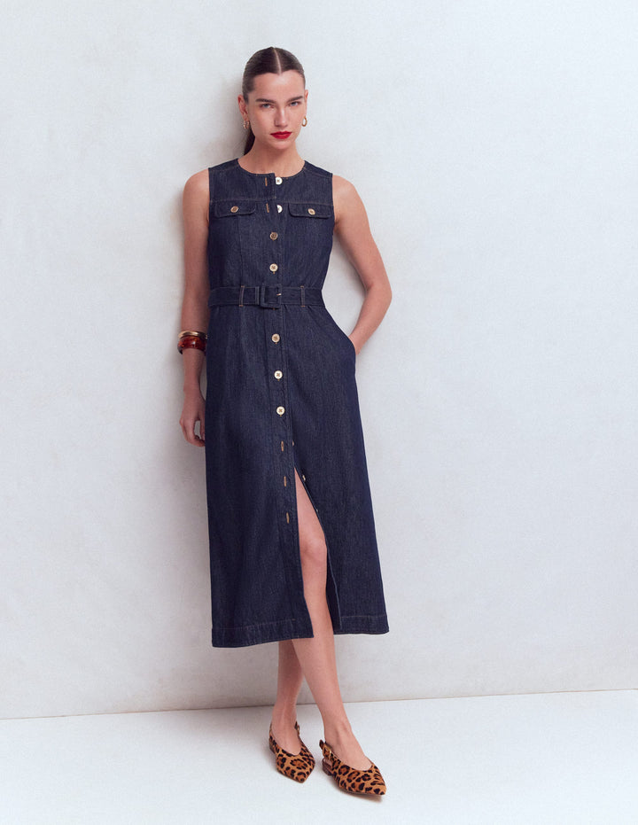 Gold Button Denim Midi Dress-Indigo