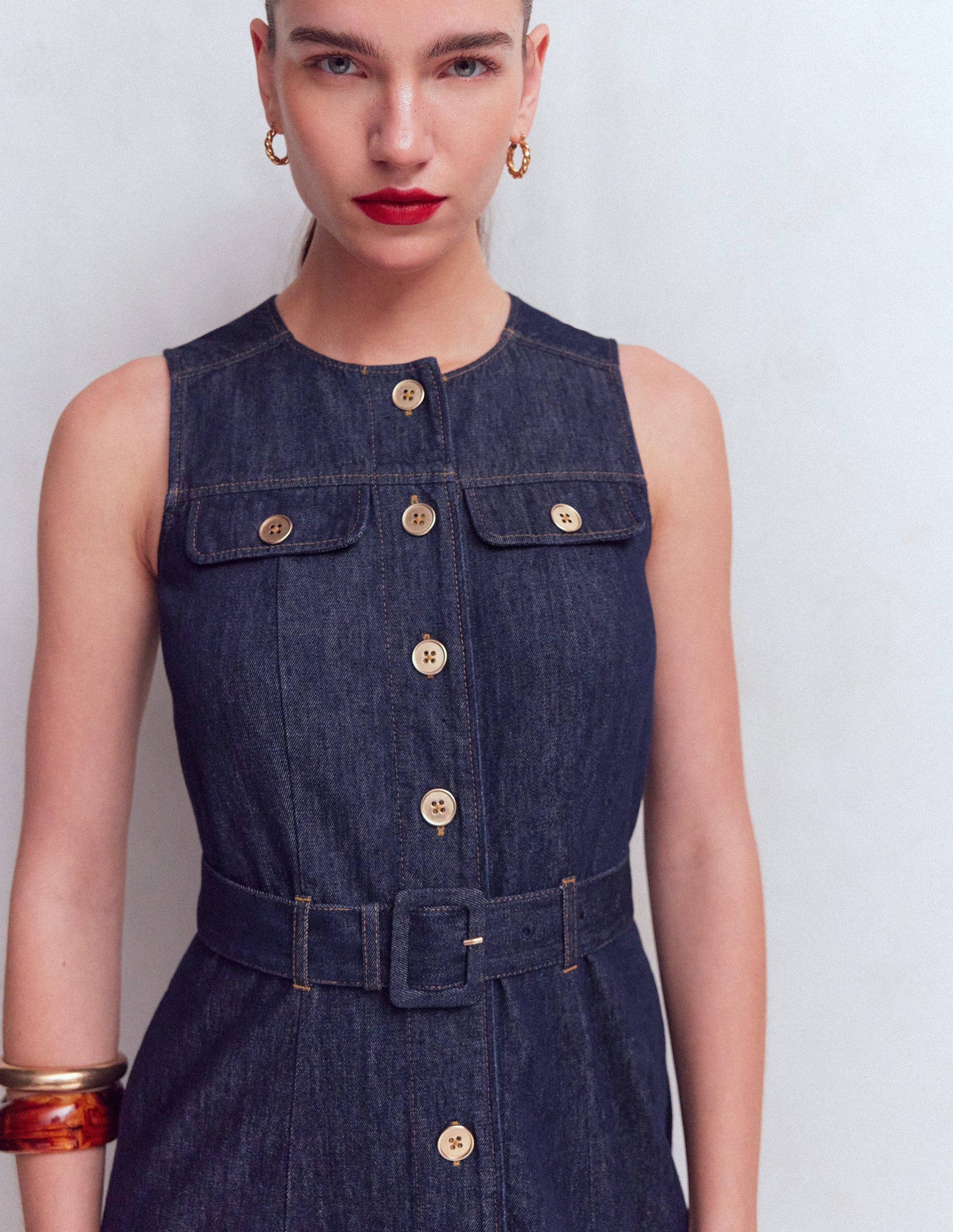 Gold Button Denim Midi Dress - Indigo