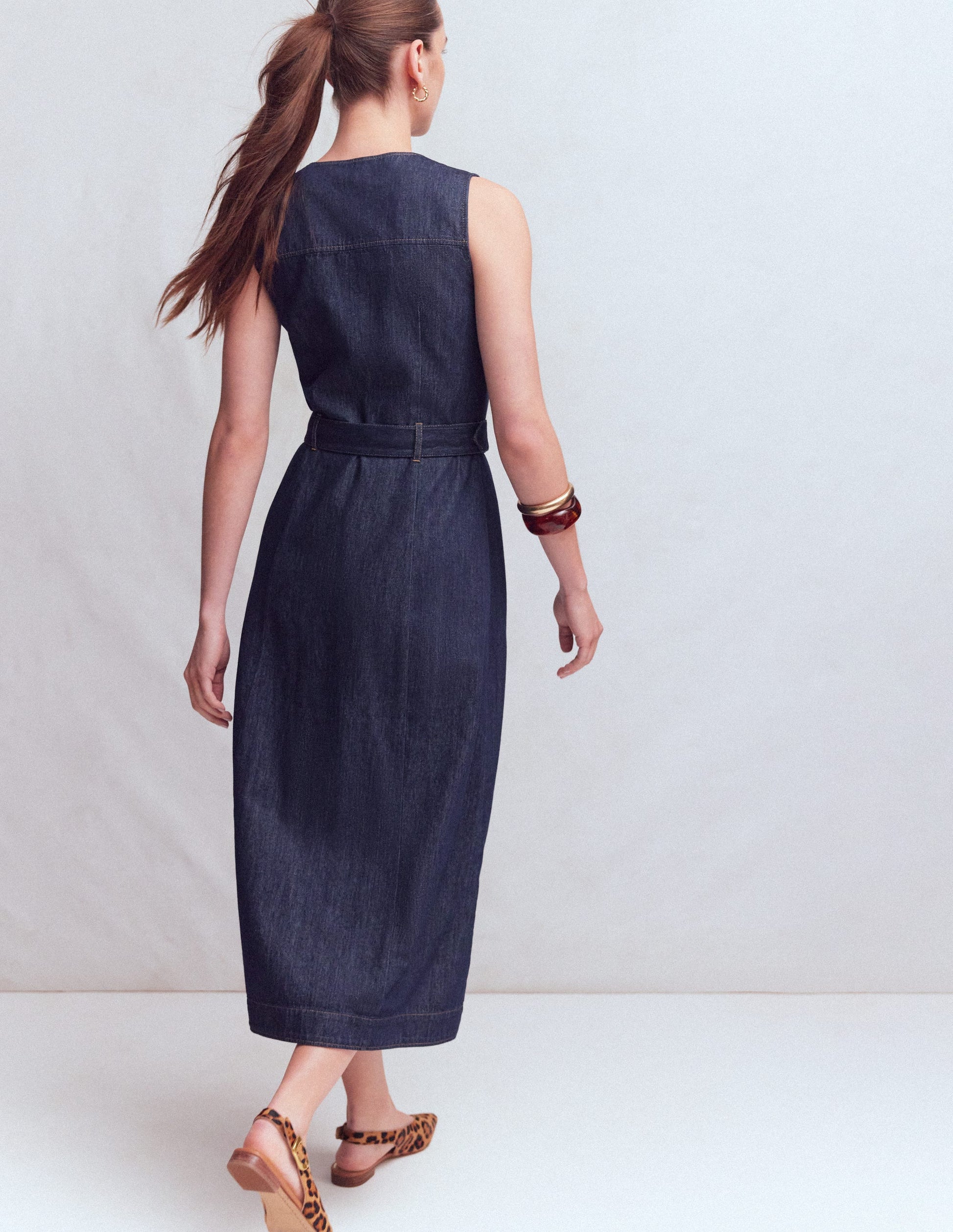 Gold Button Denim Midi Dress-Indigo-3