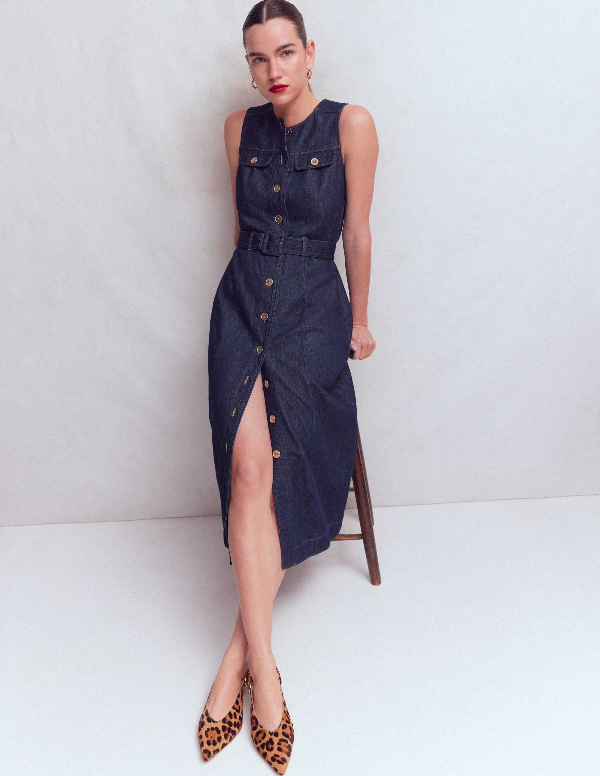 Gold Button Denim Midi Dress-Indigo-4