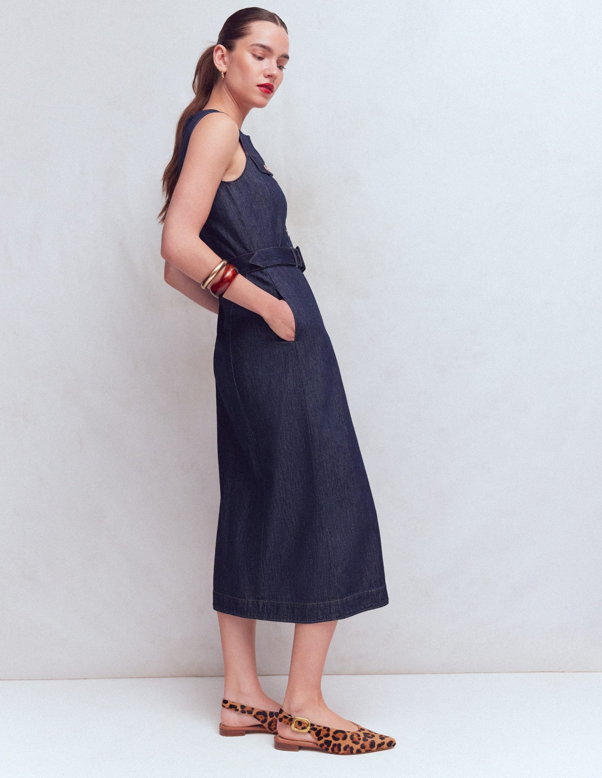 Gold Button Denim Midi Dress-Indigo-5