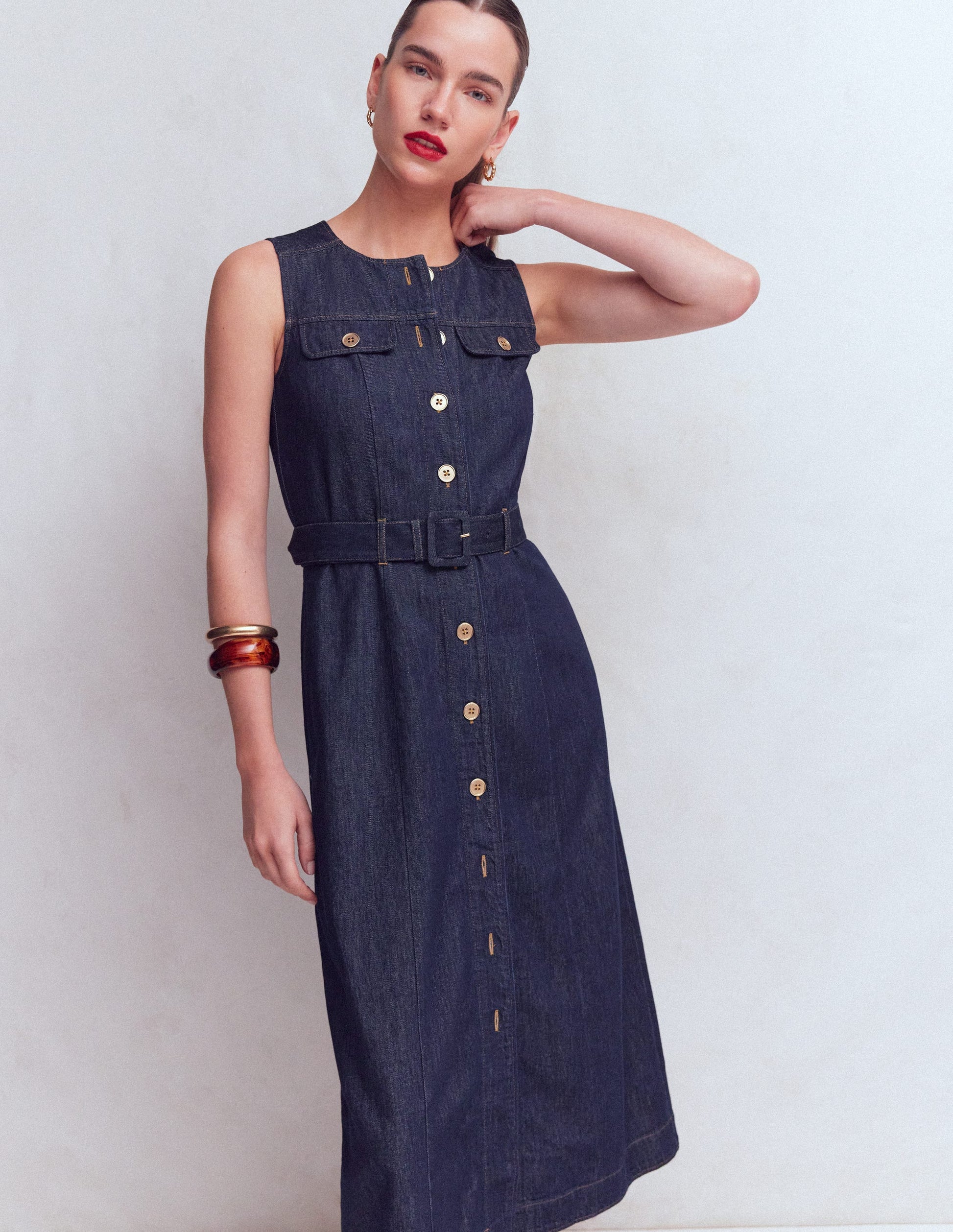 Gold Button Denim Midi Dress-Indigo-6