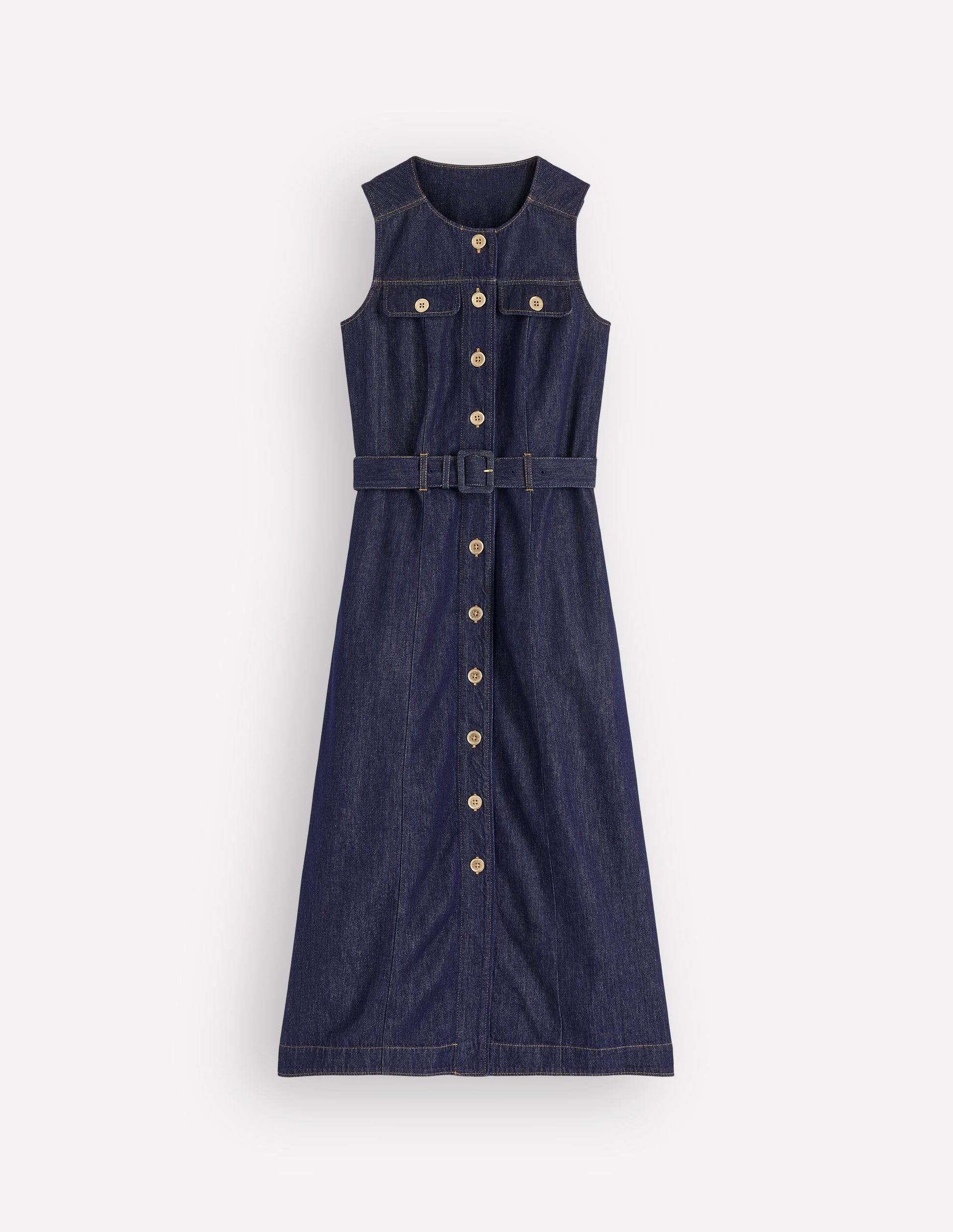 Gold Button Denim Midi Dress-Indigo-7
