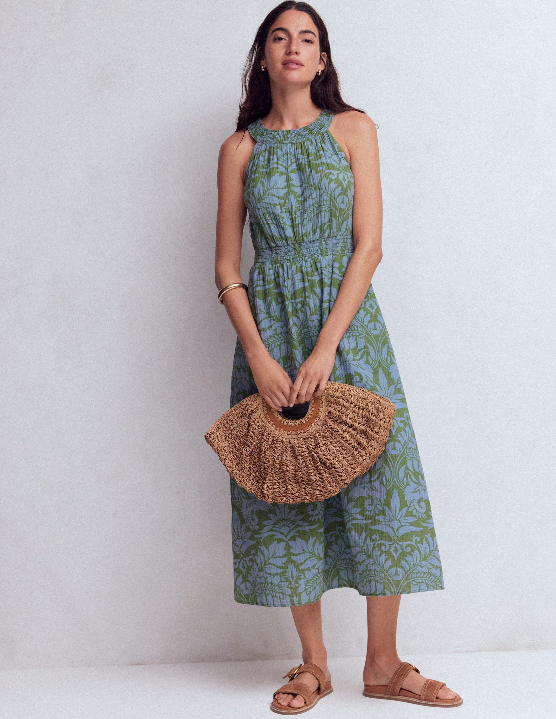 Daphne Double Cloth Dress-Green Ornamental Foliage-1