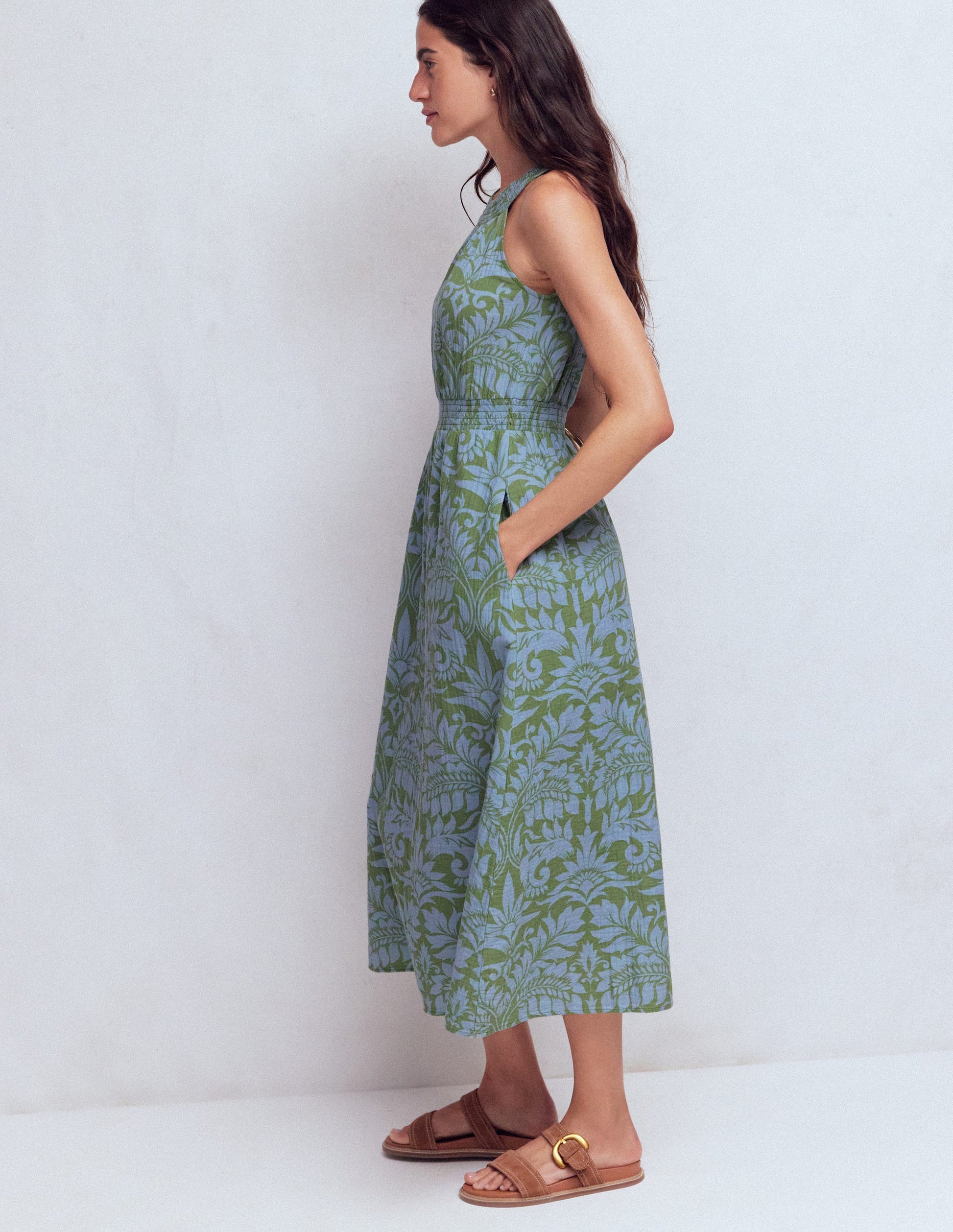 Daphne Double Cloth Dress-Green Ornamental Foliage-5
