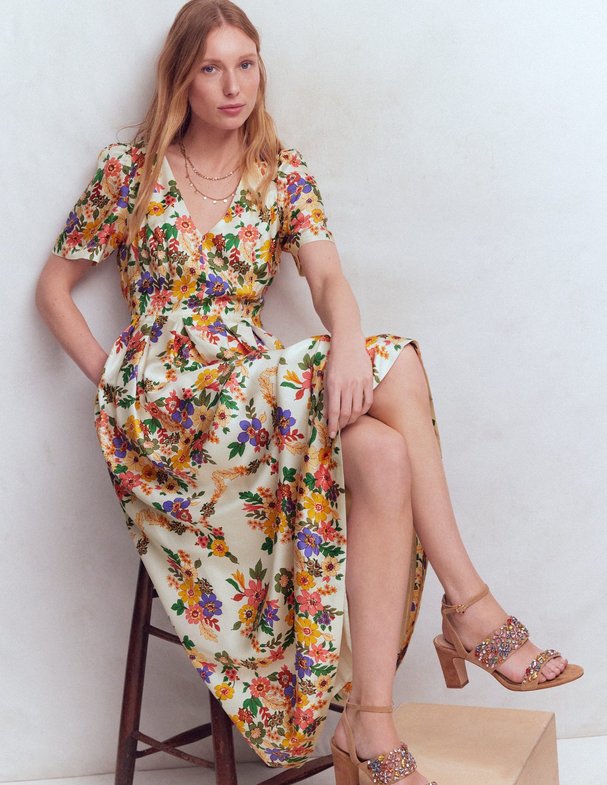 Pleat V-neck Dress-Multi Meadow Flowers-1