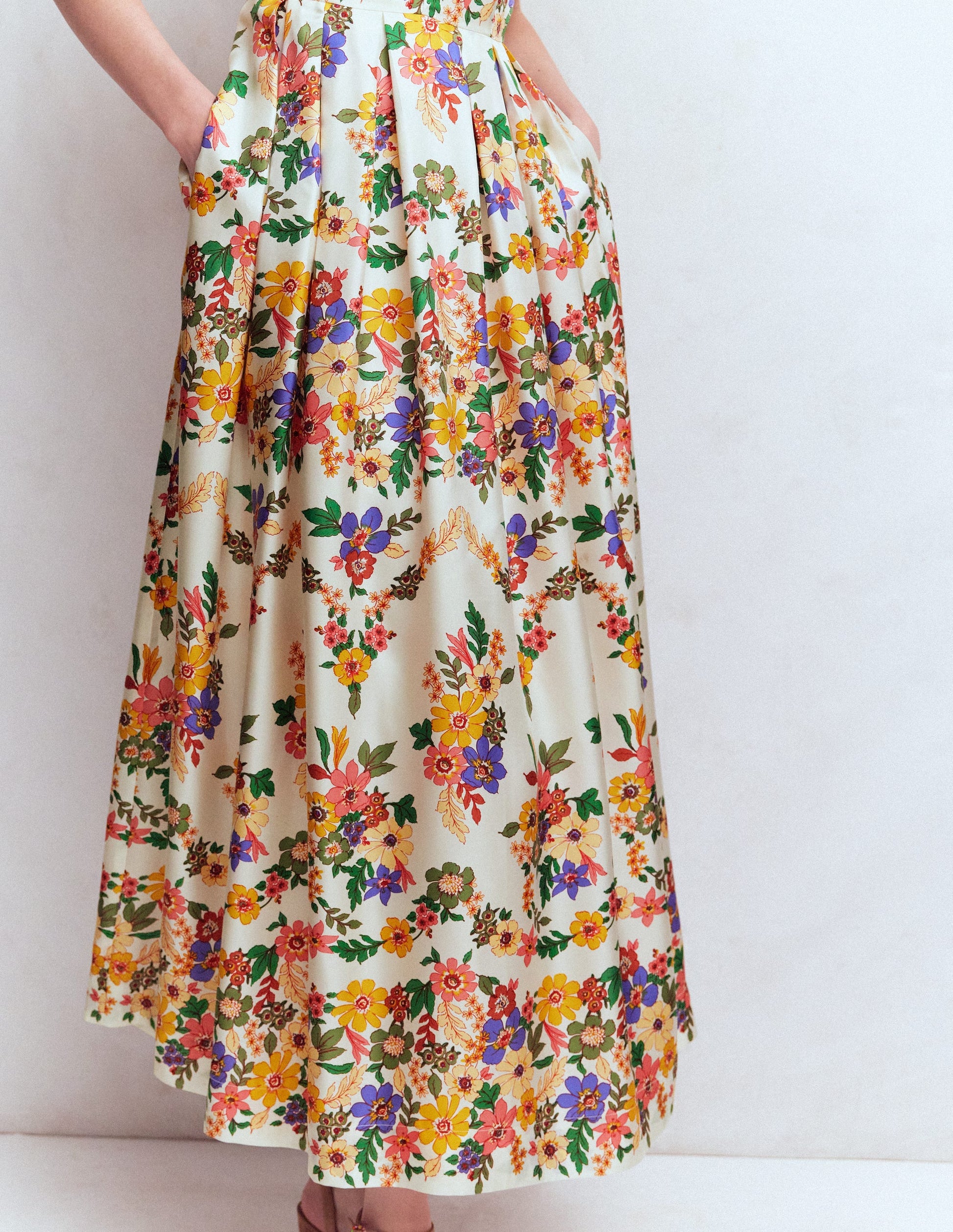 Pleat V-neck Dress-Multi Meadow Flowers-4