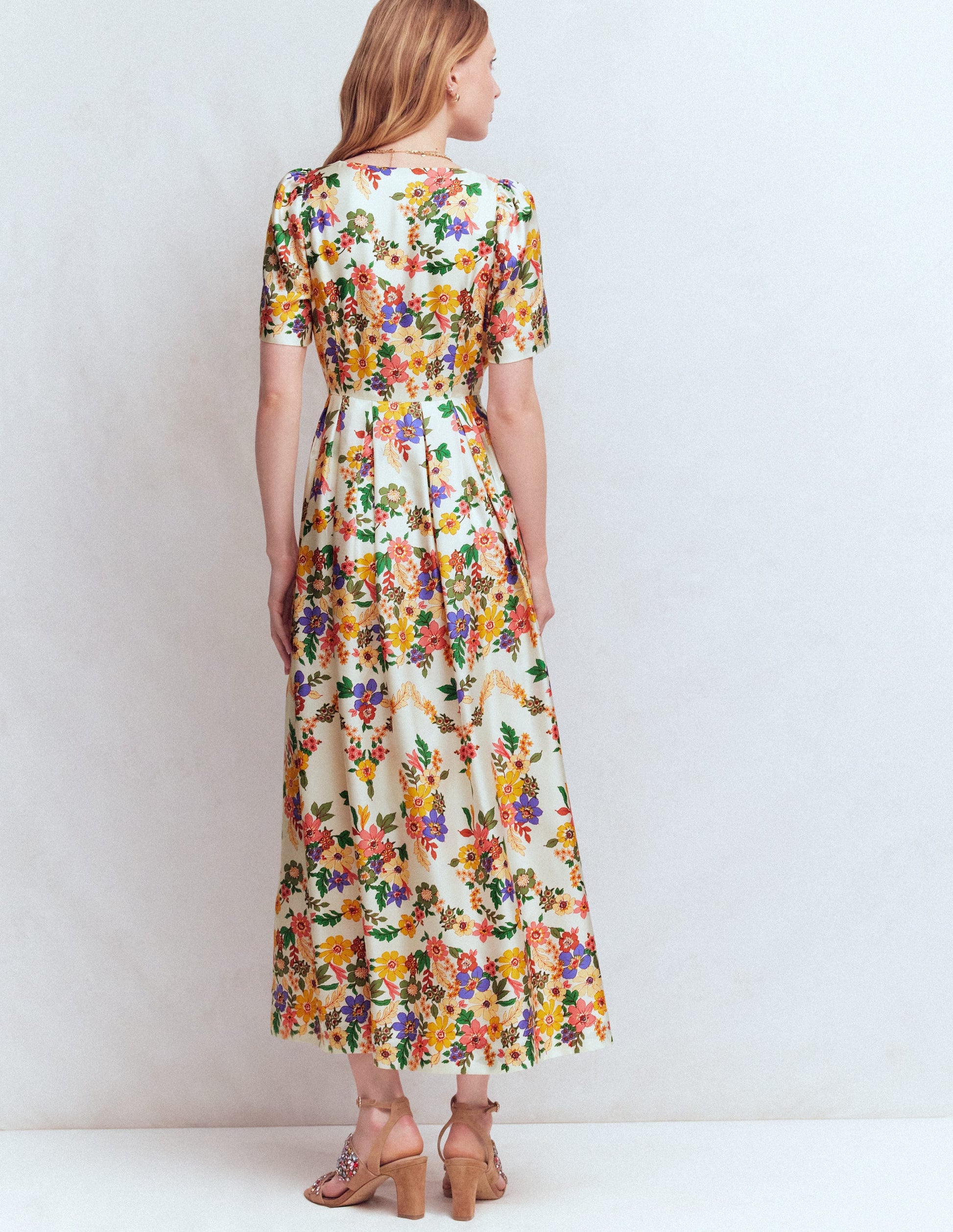 Pleat V-neck Dress-Multi Meadow Flowers-5