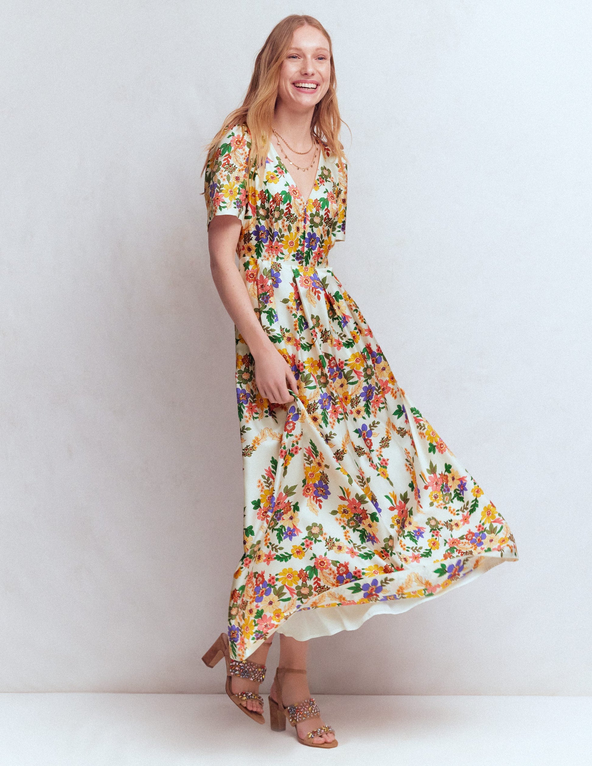 Pleat V-neck Dress-Multi Meadow Flowers-6