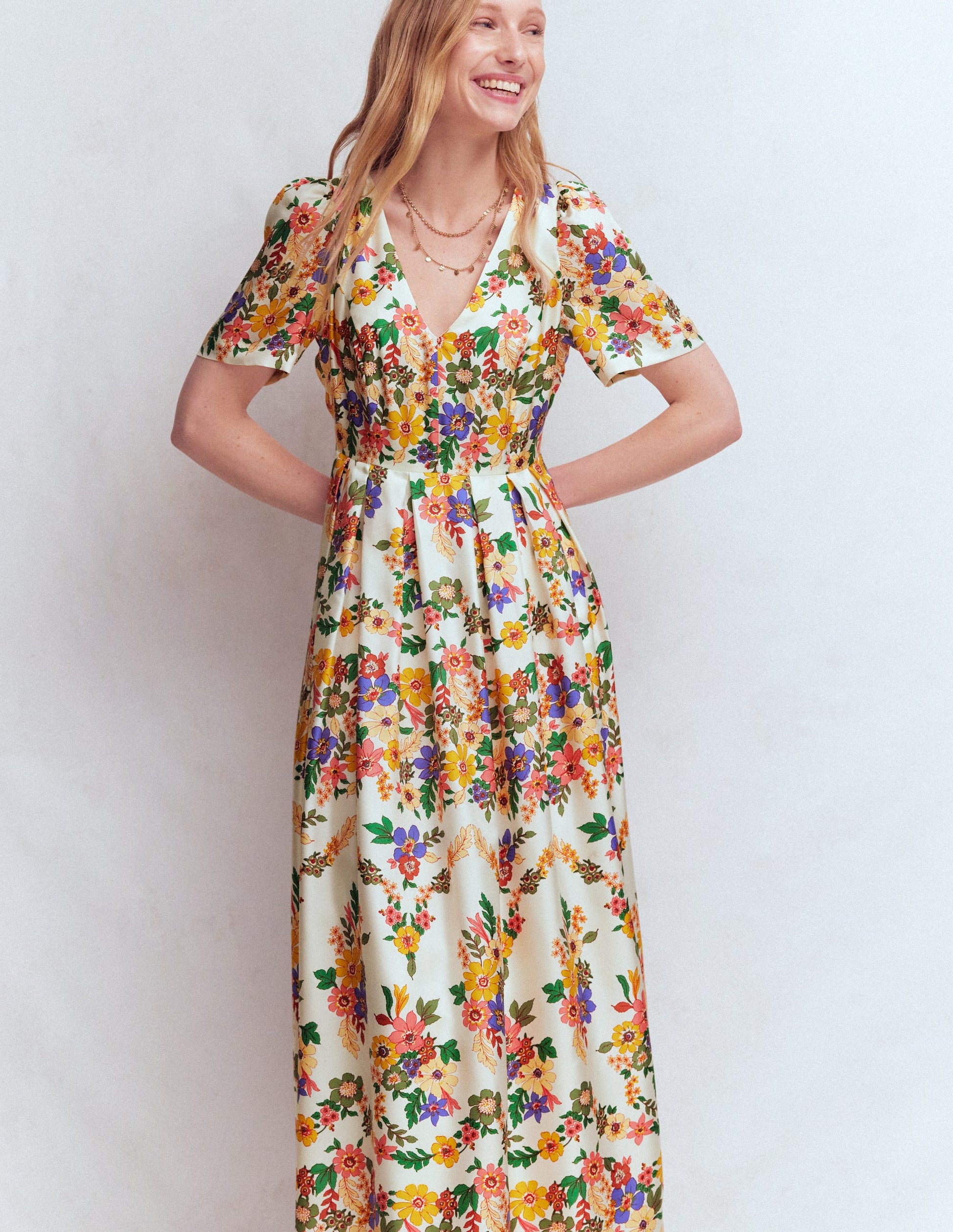 Pleat V-neck Dress-Multi Meadow Flowers-7