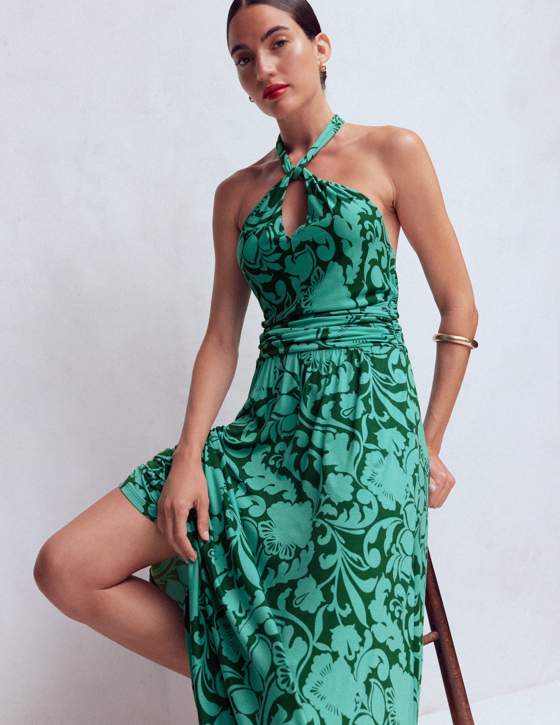 Sydney Twist Neck Jersey Dress-Green, Flourishing Meadow | Boden UK