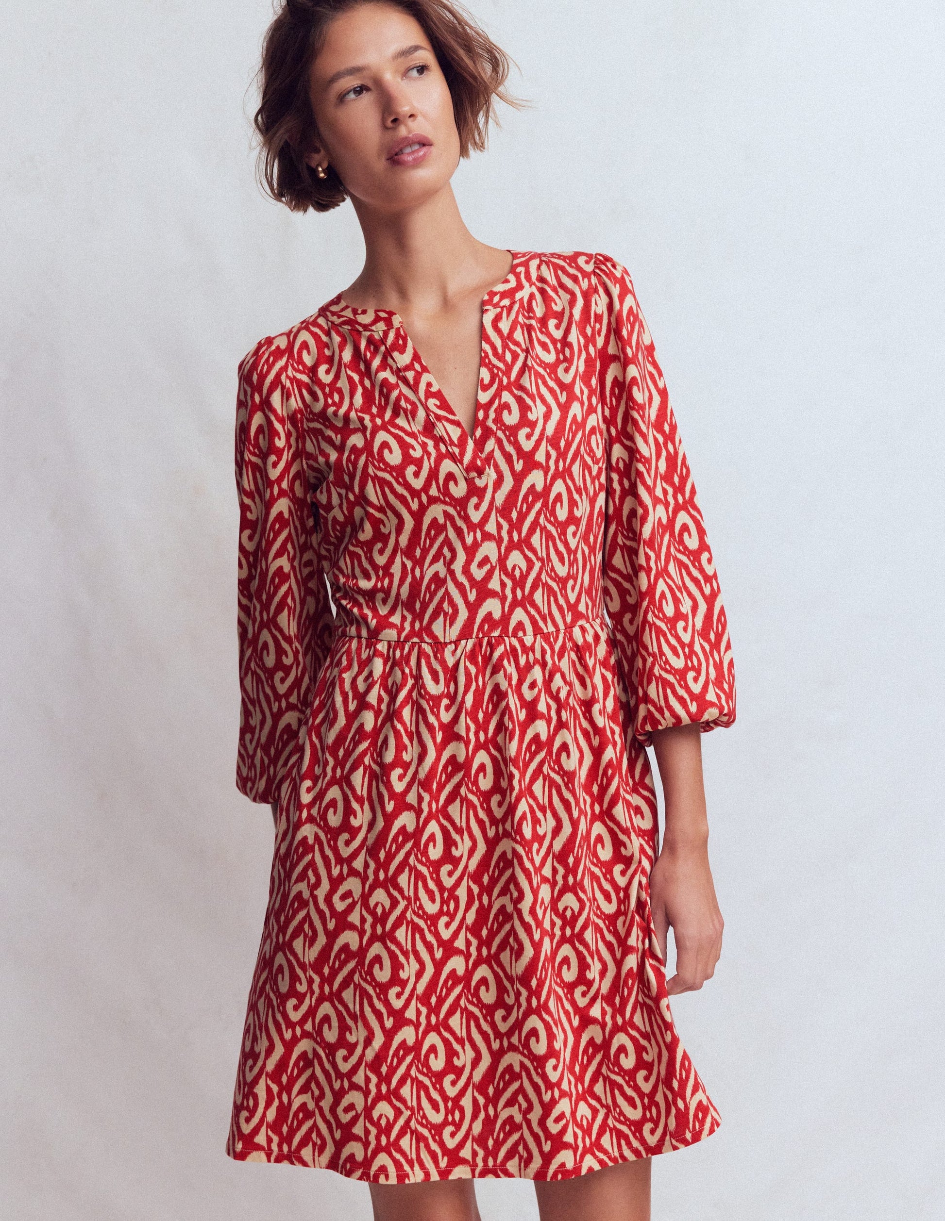 Cathy Notch Neck Jersey Dress-Merida Red, Ikat-4