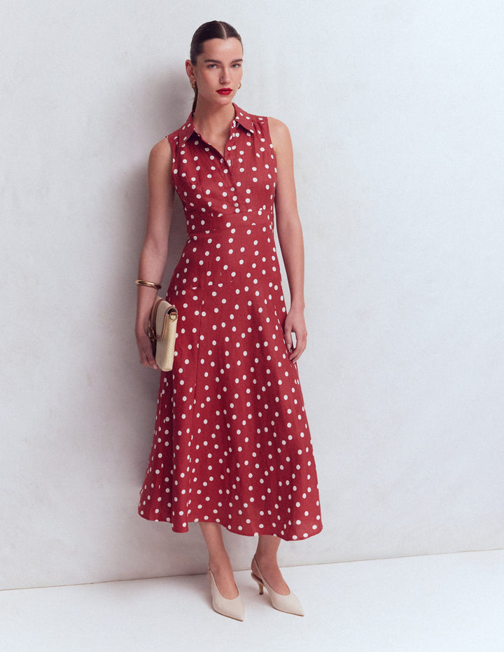 Erma Drop Waist Linen Dress-Red Painted Dot Spaced
