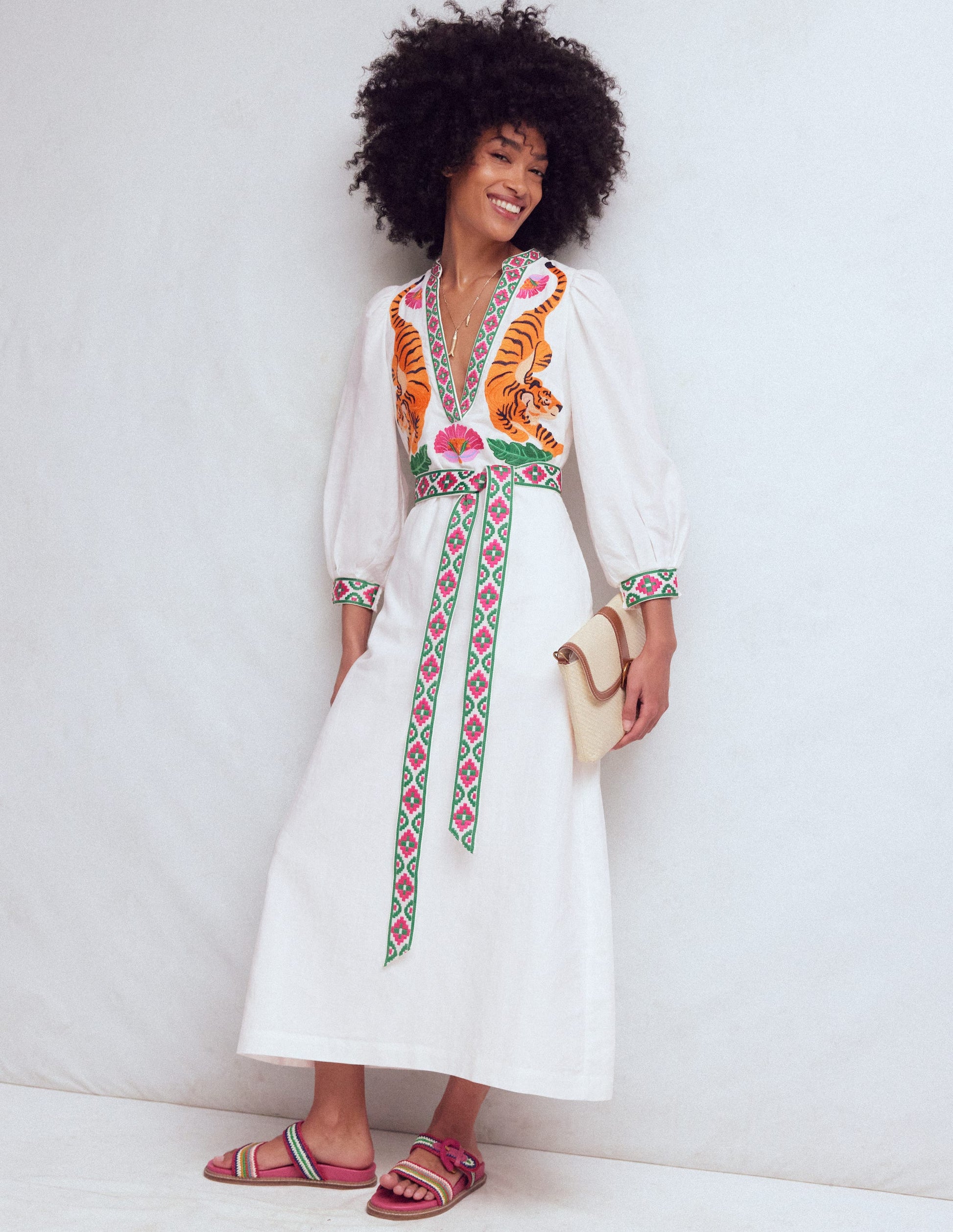 Octavia Linen Blend Dress-Tiger Embroidery-3