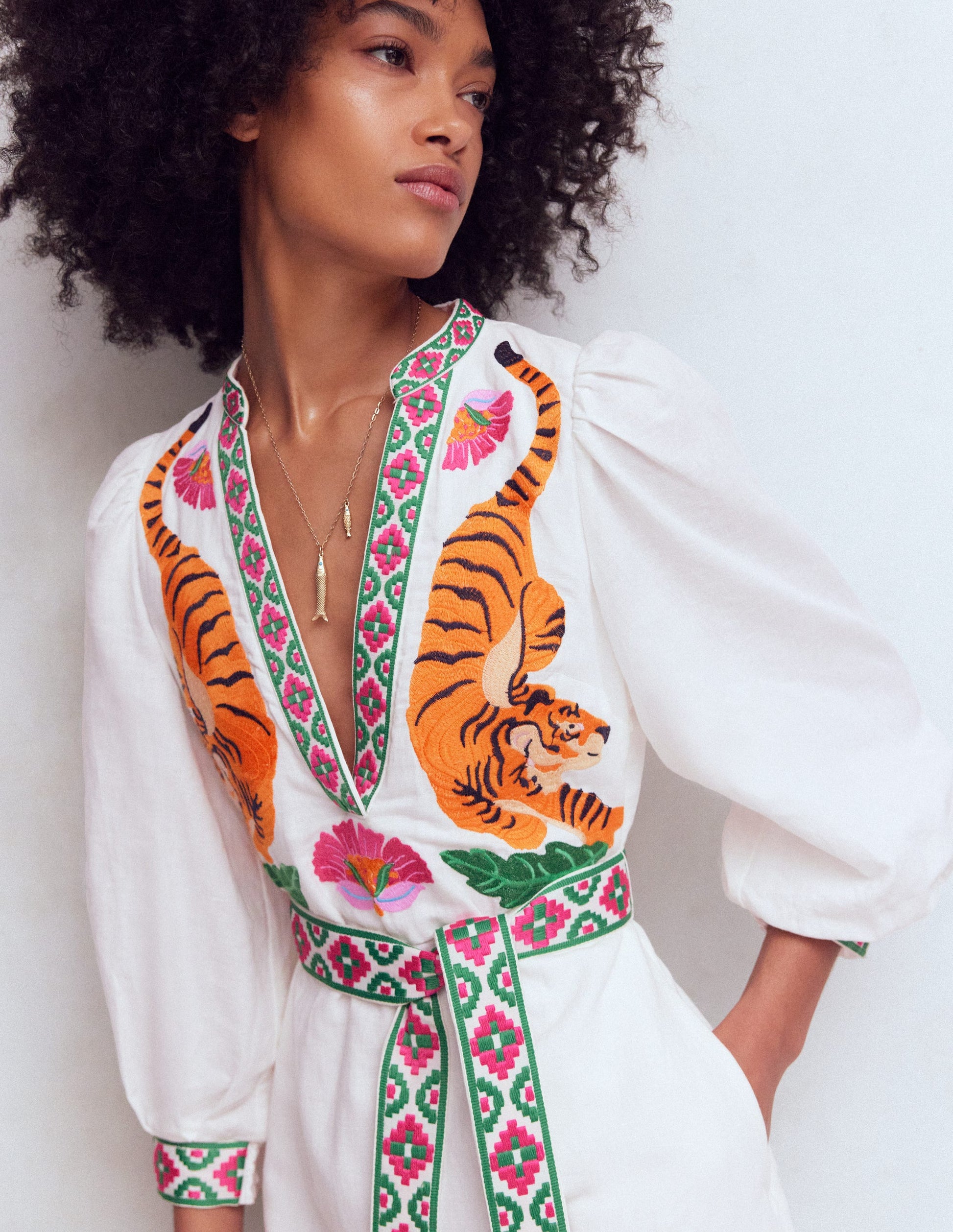 Octavia Linen Blend Dress-Tiger Embroidery-4