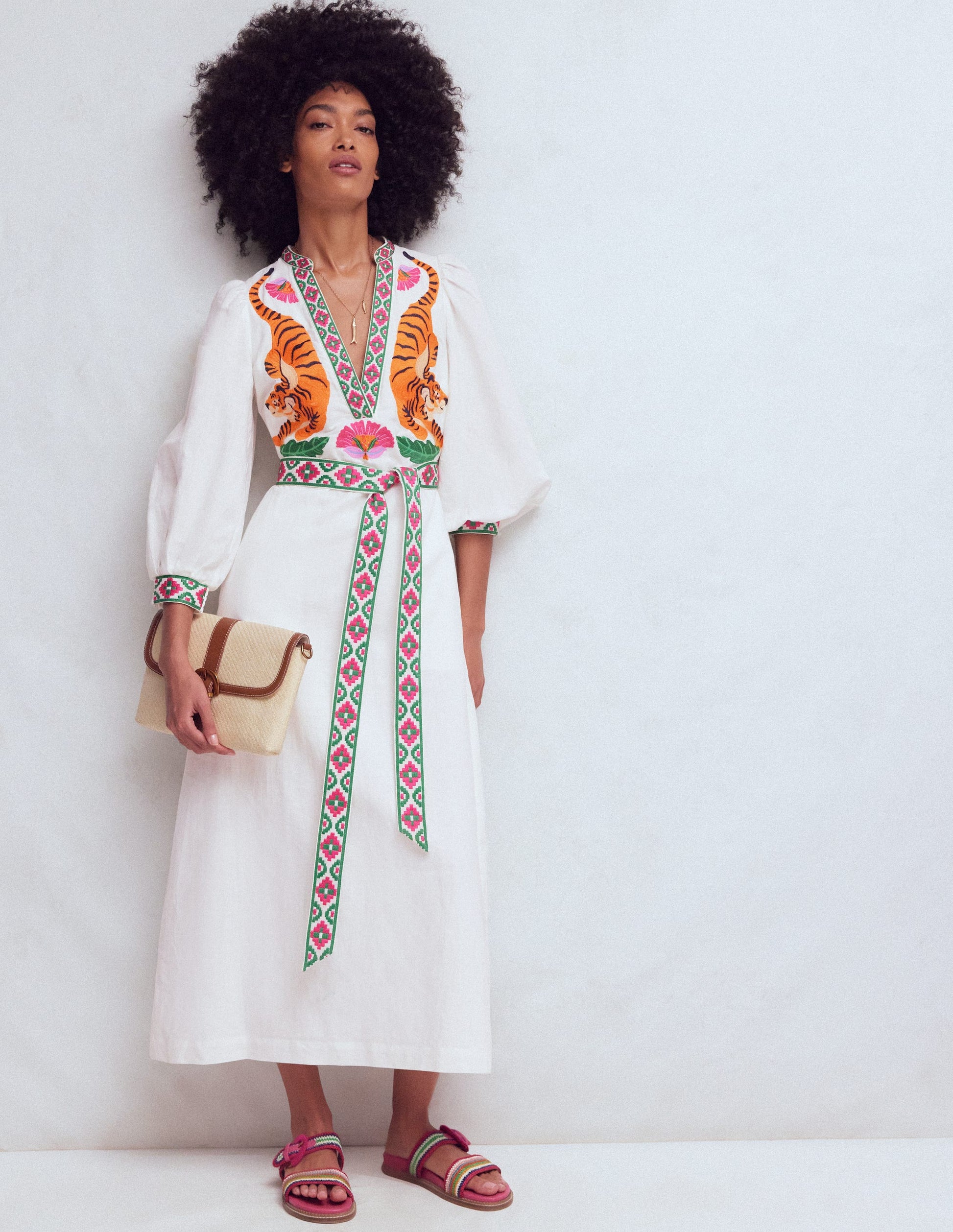 Octavia Linen Blend Dress-Tiger Embroidery-6