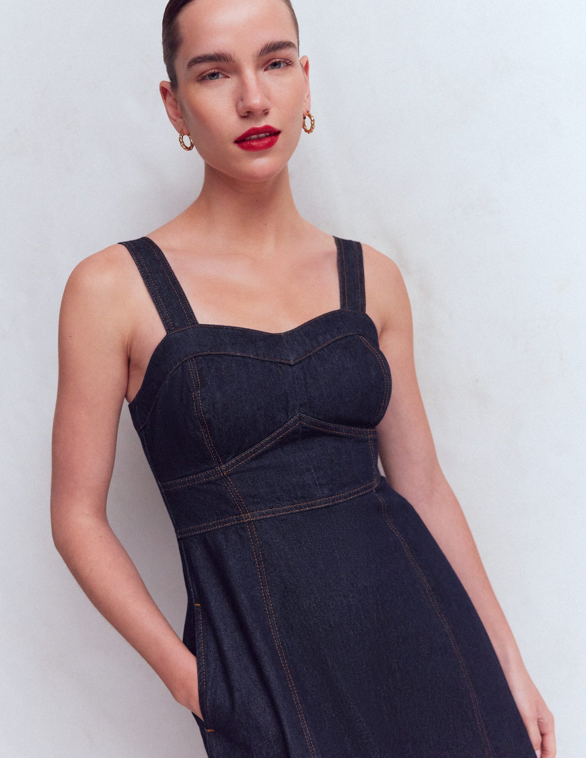 Panelled Bodice Denim Dress-Indigo-4