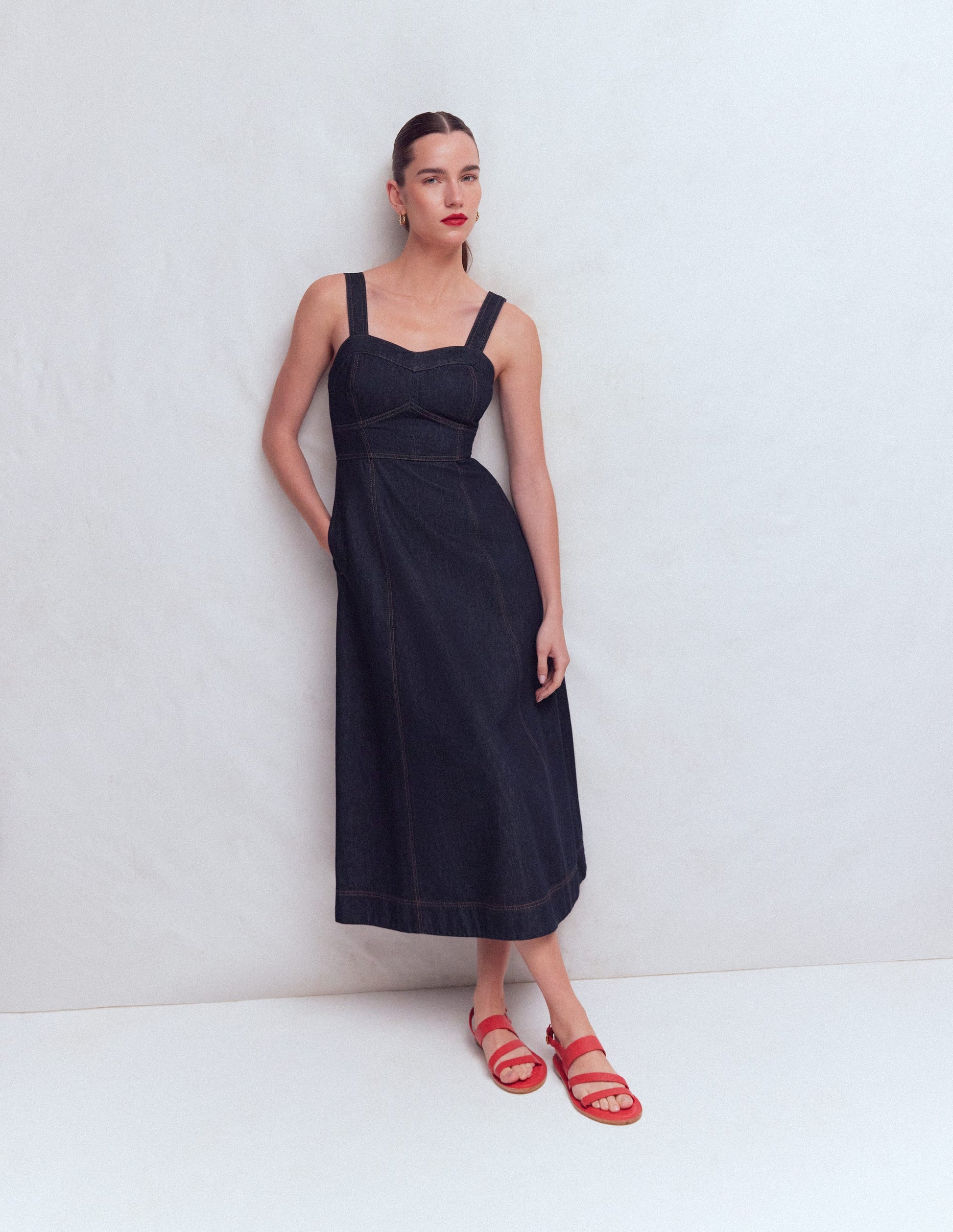 Panelled Bodice Denim Dress-Indigo-5