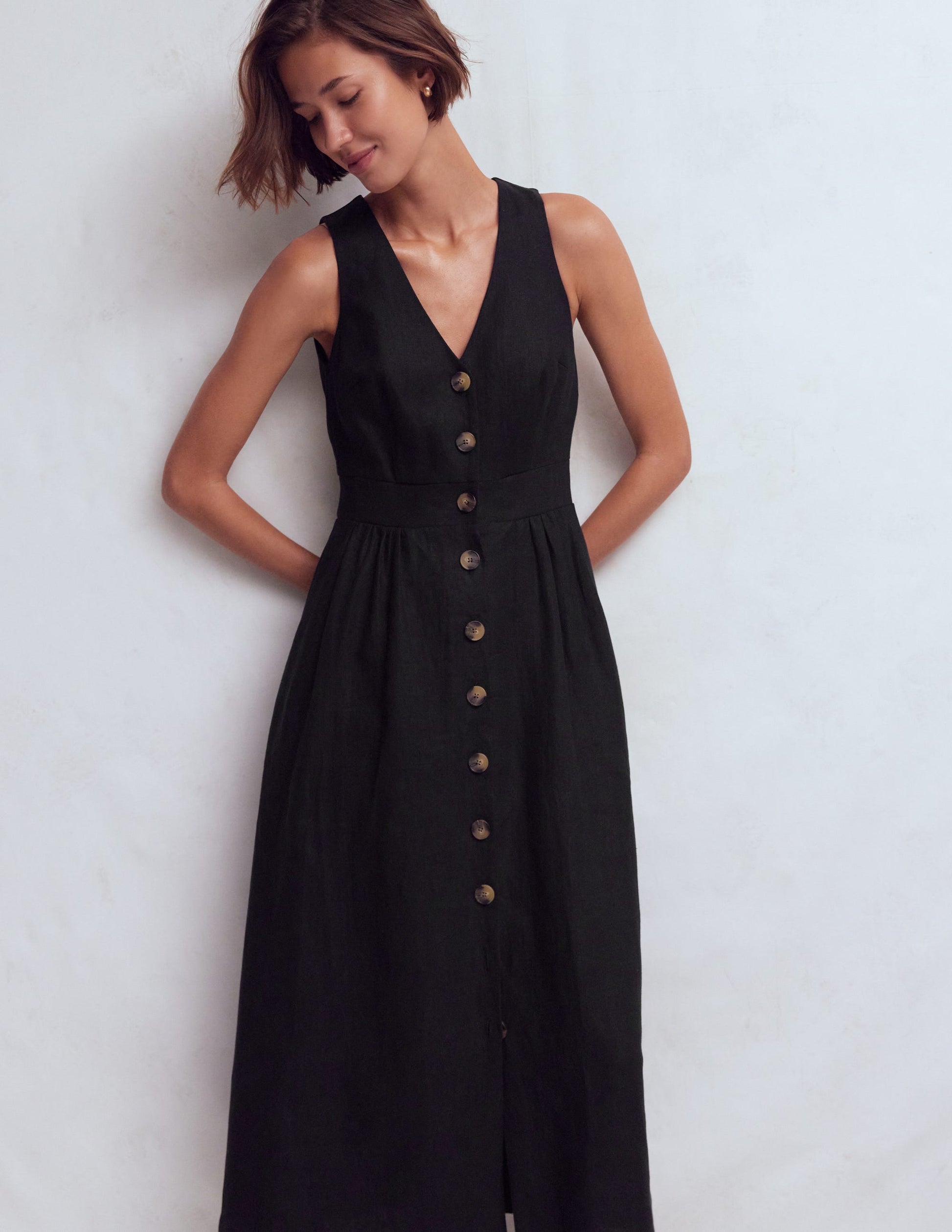 Catherine Button Linen Dress-Black Catherine Button Linen Dress-Black