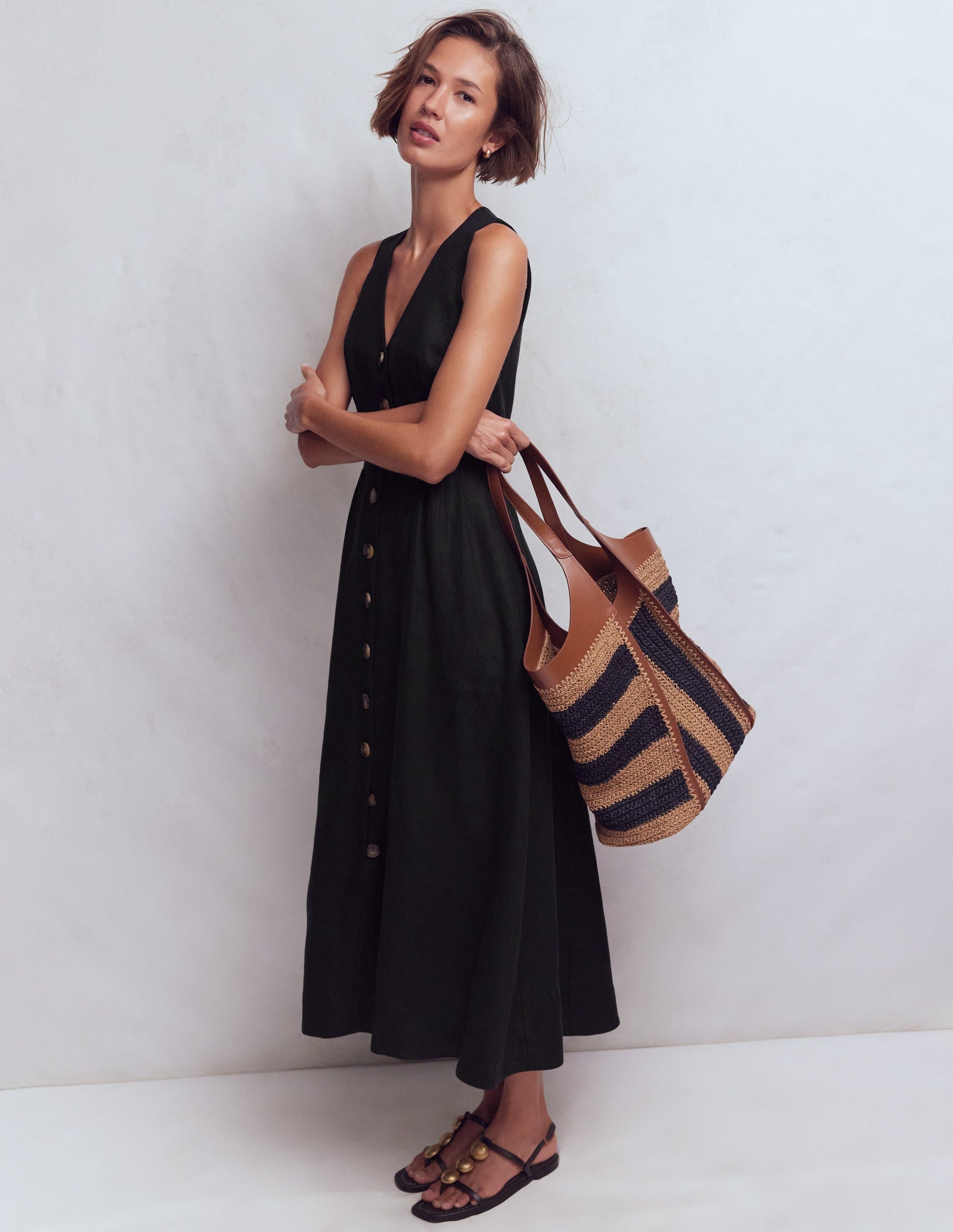 Catherine Button Linen Dress-Black-5