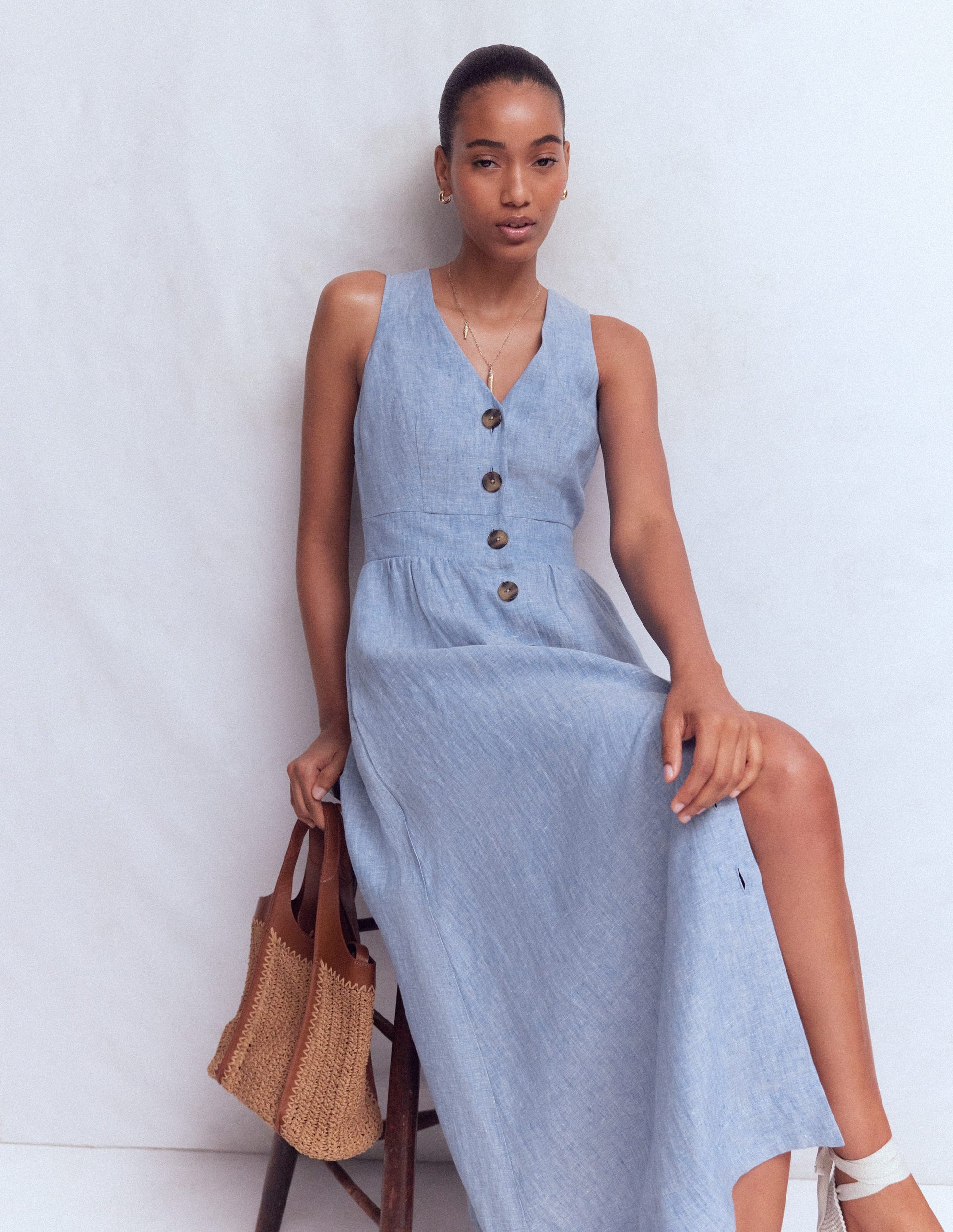 Catherine Button Linen Dress-Chambray-4