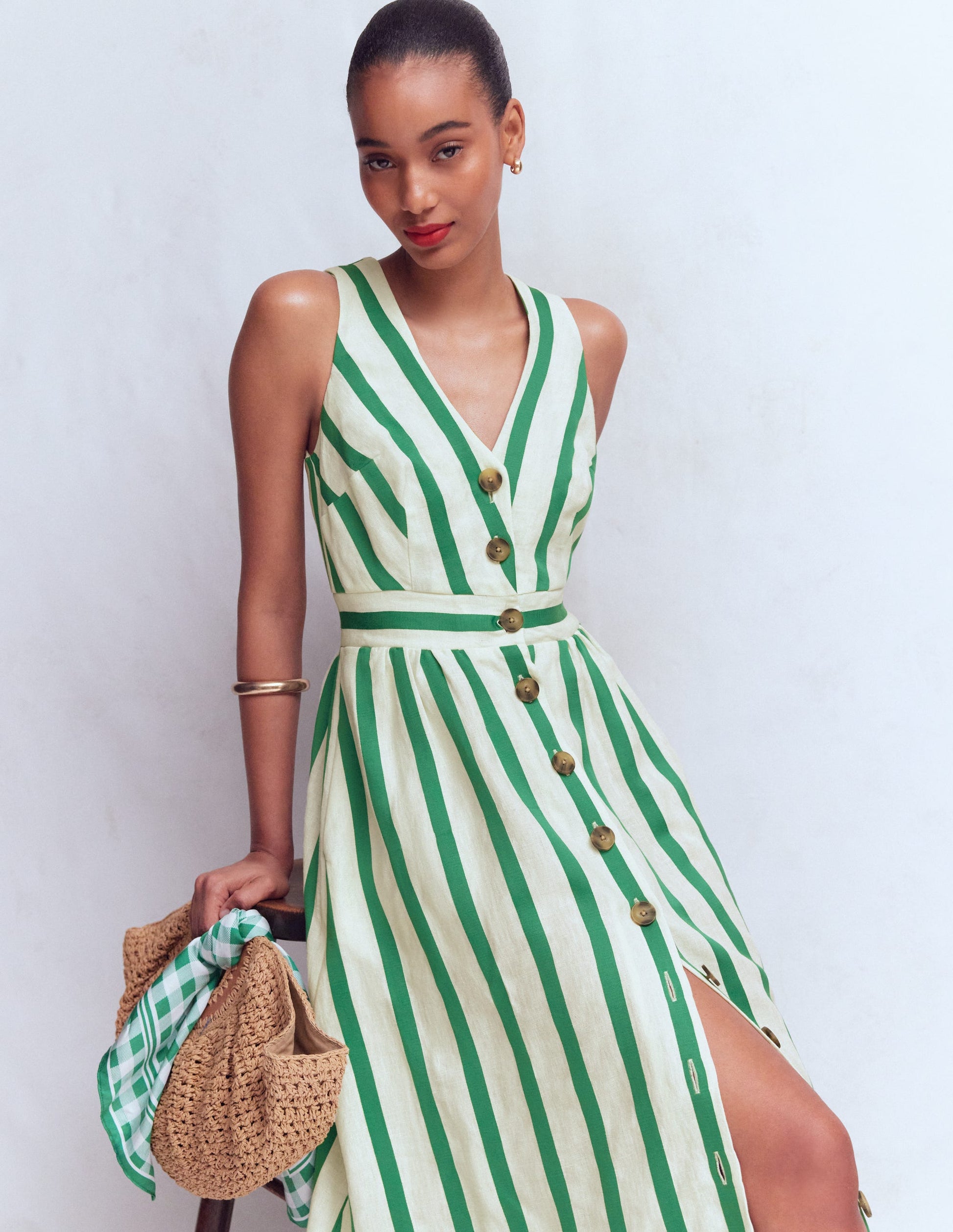 Catherine Button Linen Dress-Ivory and Green Satin Stripe | Boden UK Catherine Button Linen Dress-Ivory and Green Satin Stripe | Boden UK