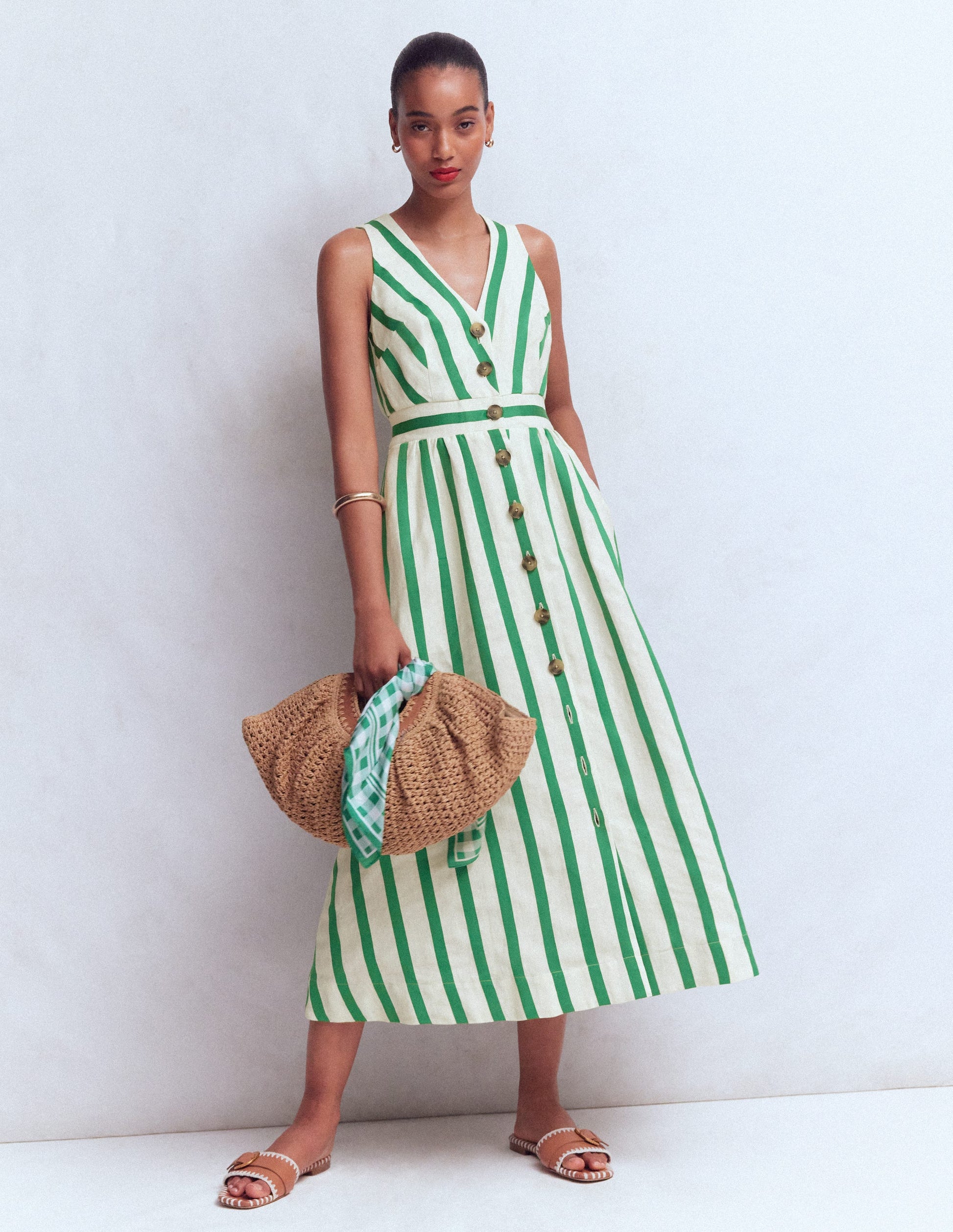 Catherine Button Linen Dress-Ivory and Green Satin Stripe | Boden UK Catherine Button Linen Dress-Ivory and Green Satin Stripe | Boden UK