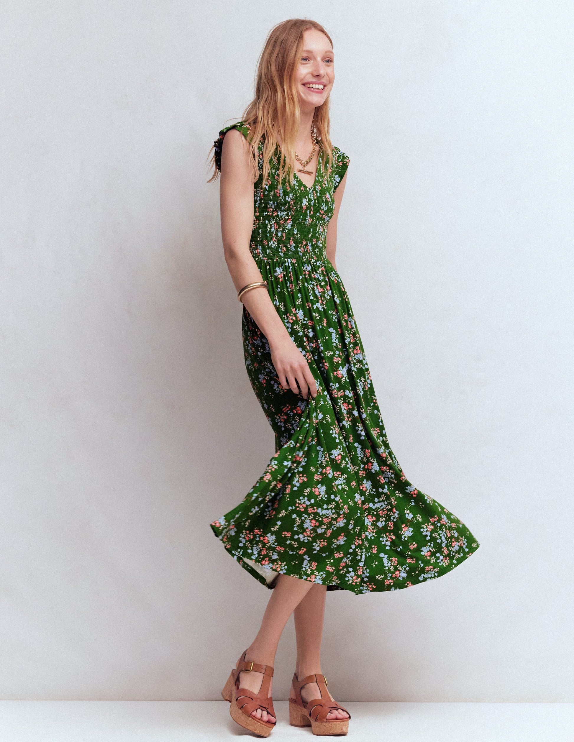 Smocked Jersey Midi Dress-Promenade Green, Bloom Scatter-4