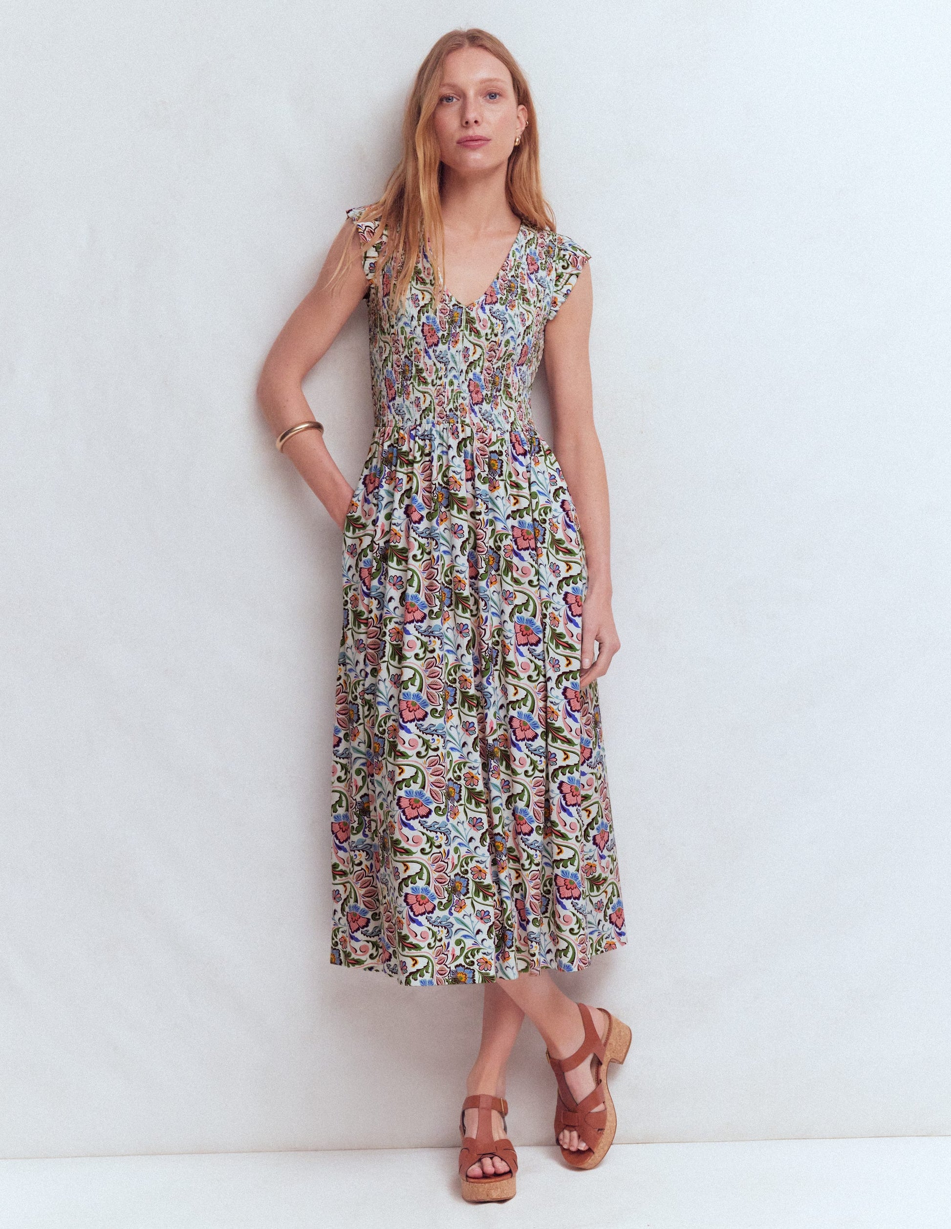 Smocked Jersey Midi Dress-Multi, Flourishing Meadow-4
