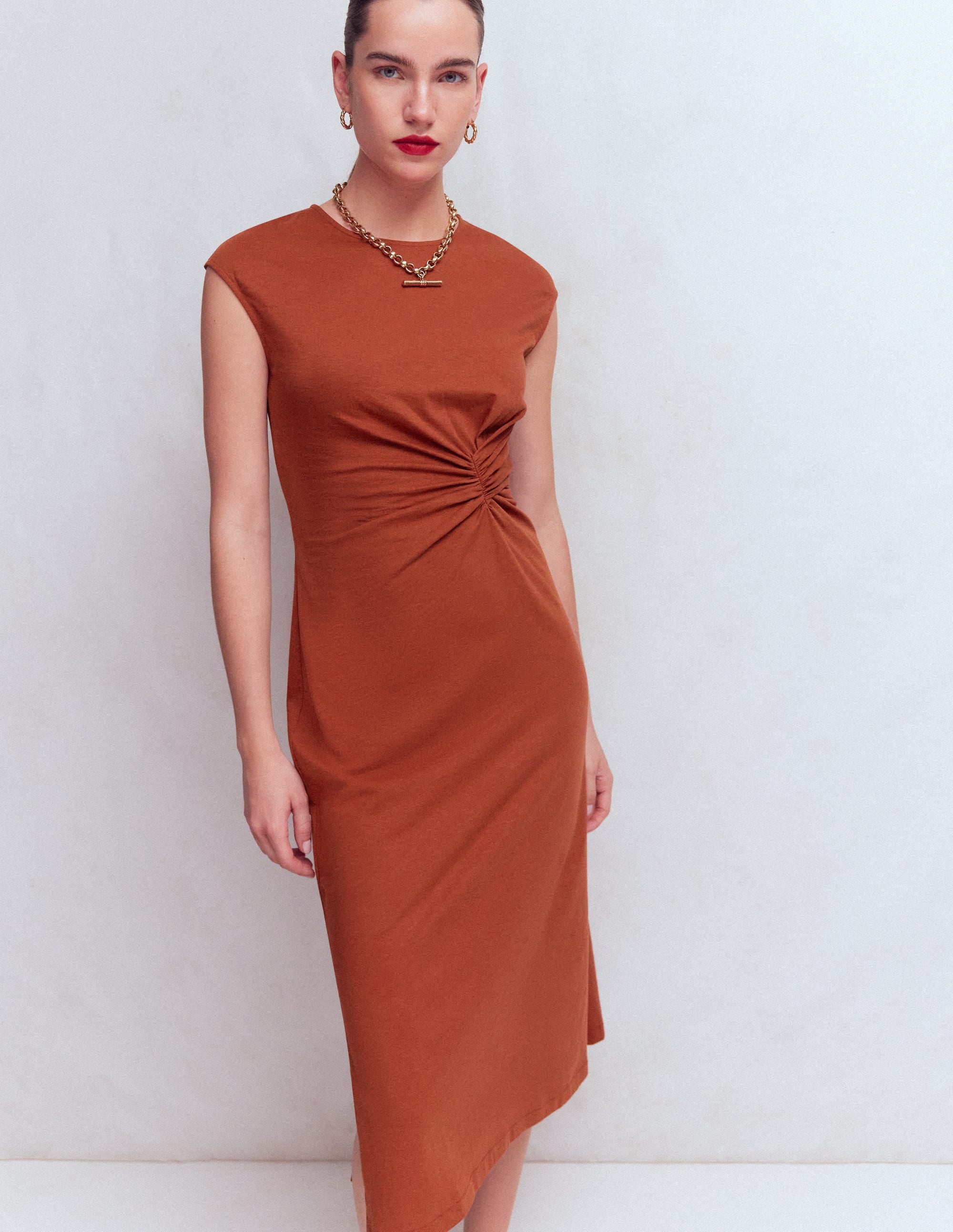 Delilah Twisted Midi Dress-Burnt Orange - Image 1
