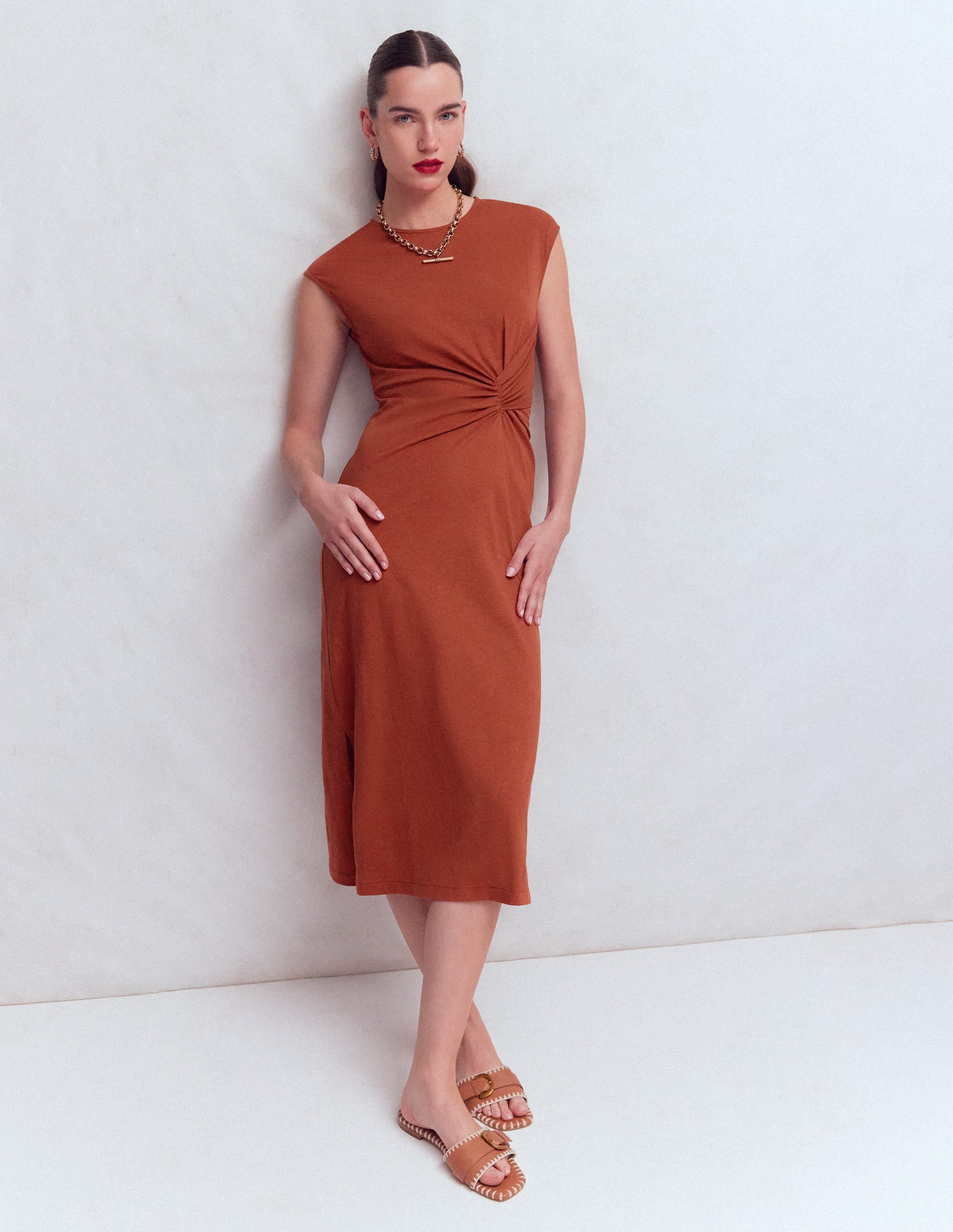 Delilah Twisted Midi Dress-Burnt Orange - Image 4