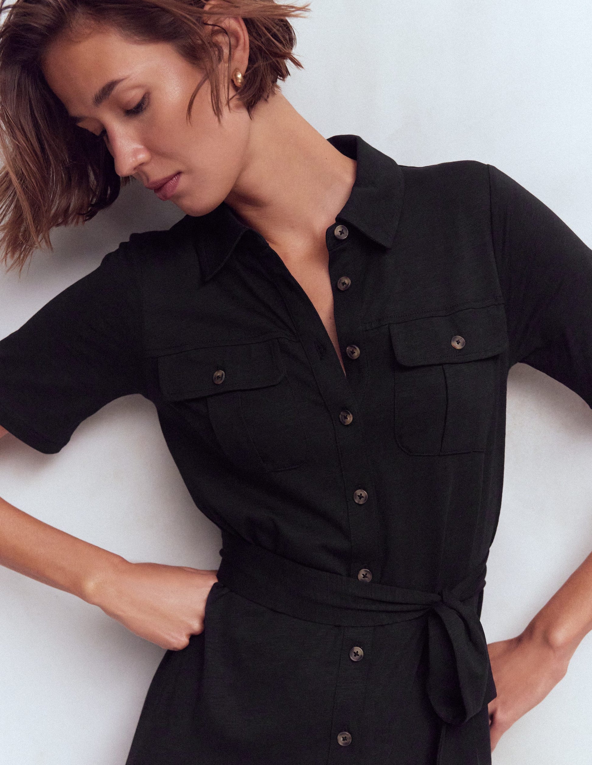 Mavis Midi Jersey Shirt Dress-Black-2