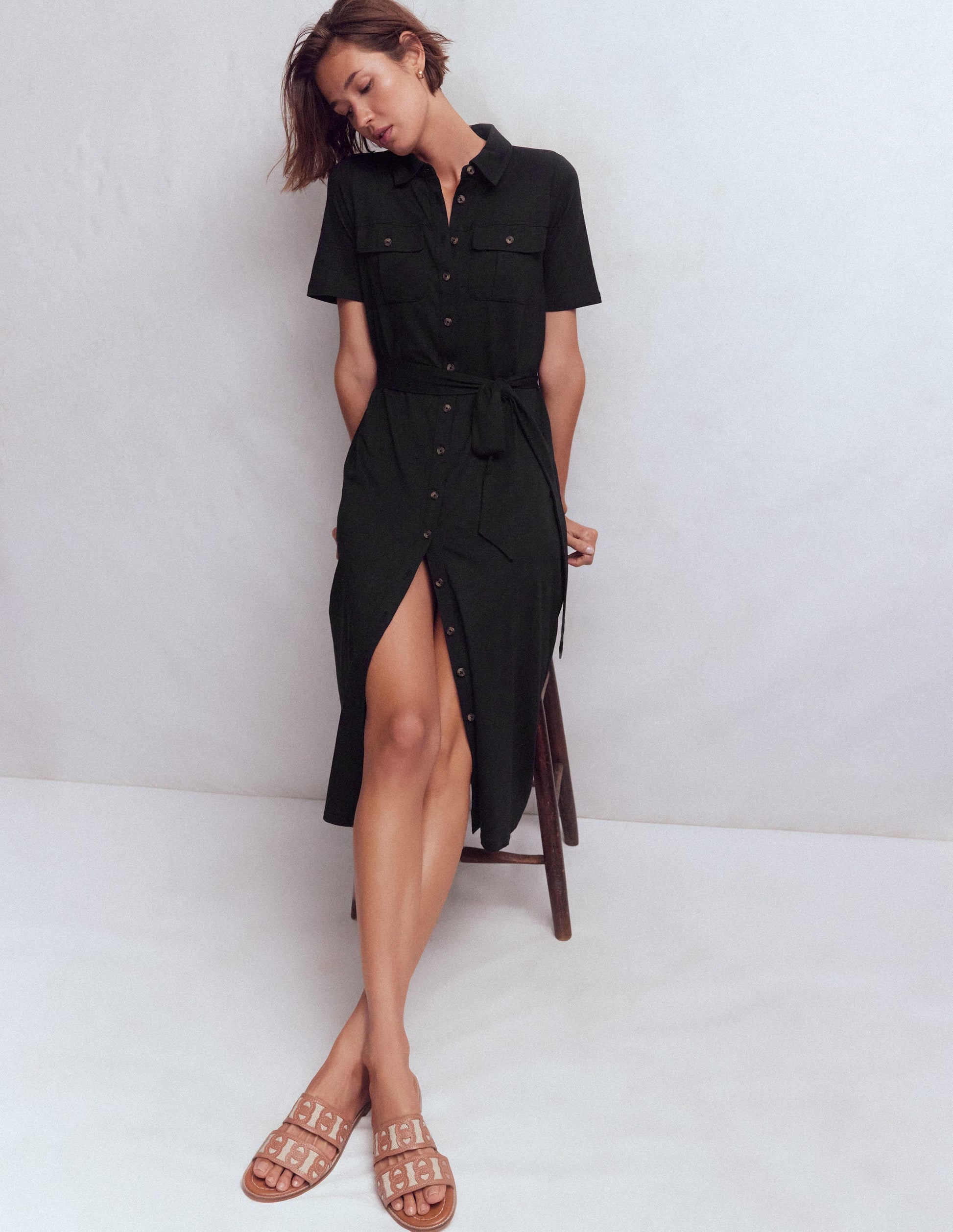 Mavis Midi Jersey Shirt Dress-Black-4