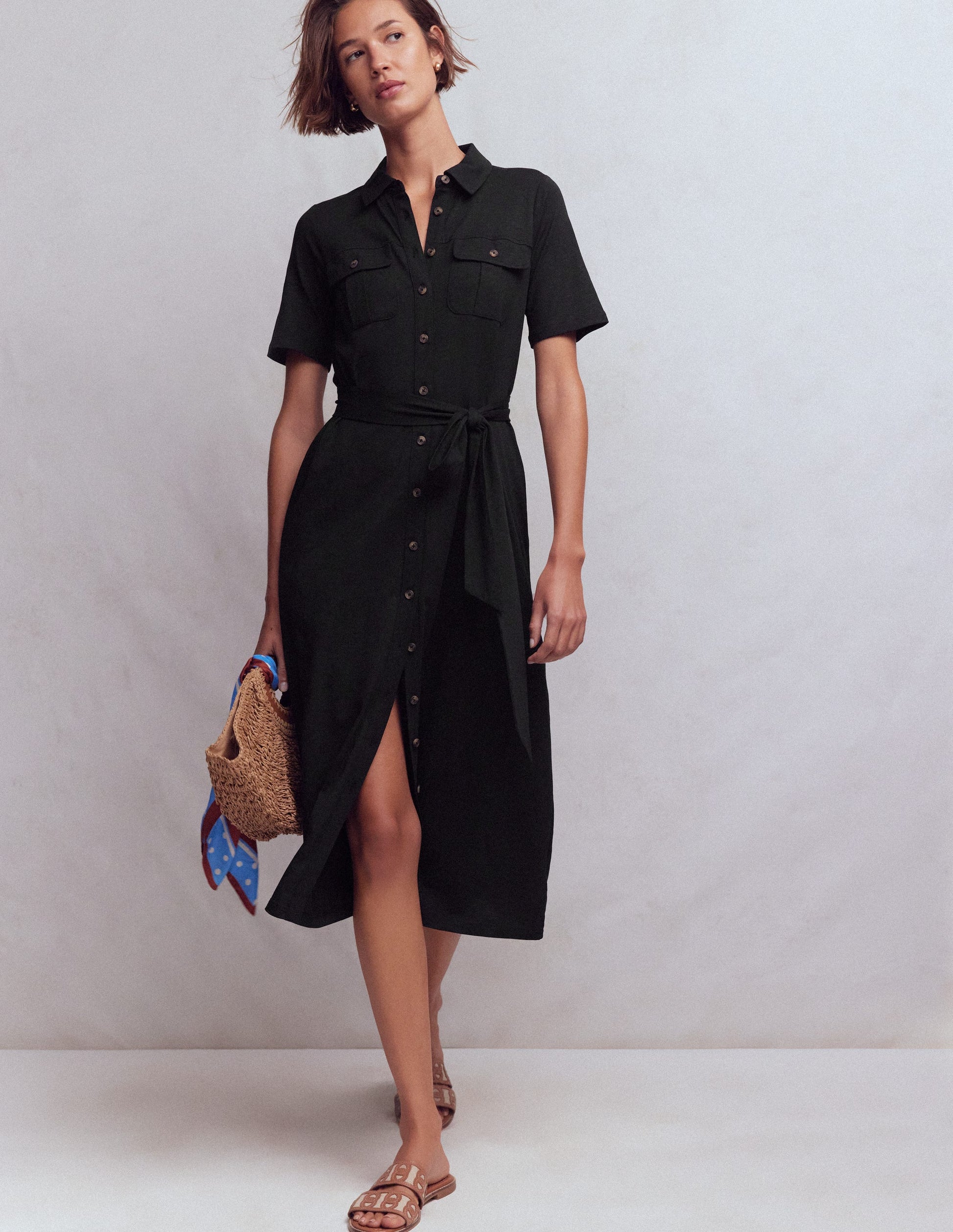 Mavis Midi Jersey Shirt Dress-Black-5