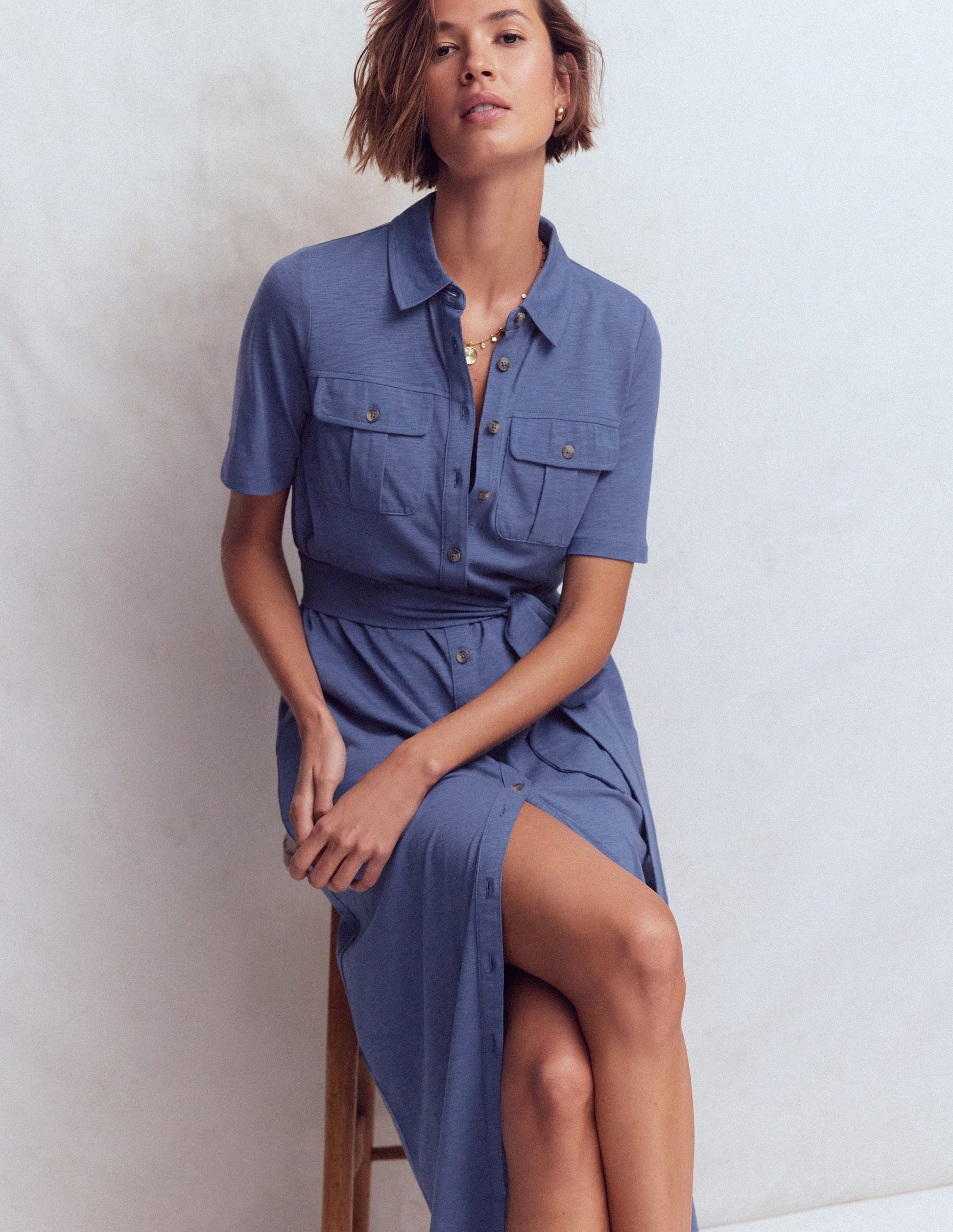 white christmas dresses Mavis Midi Jersey Shirt Dress-Denim Blue
