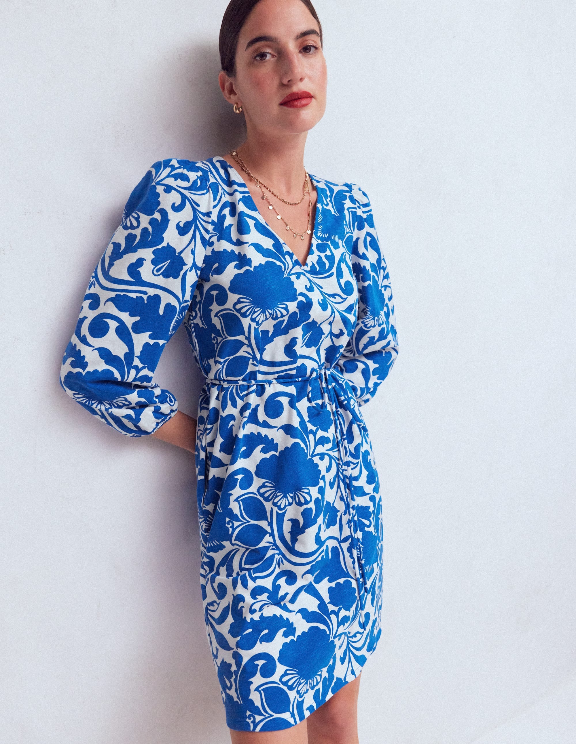 Cary V-Neck Short Dress-Blue, Flourishing Meadow - Image 1