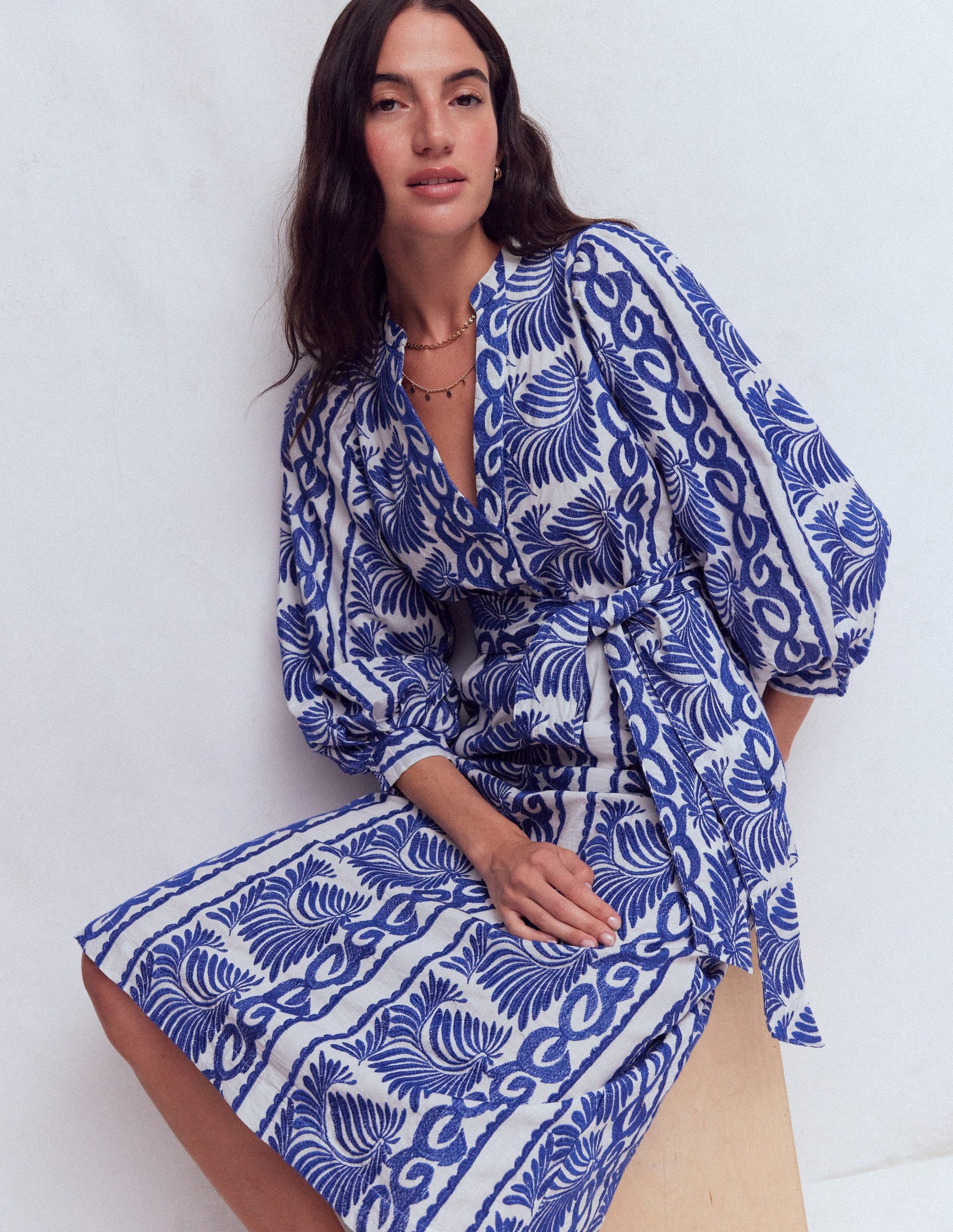 Octavia Cotton Dress - Blue Ivory Embroidery