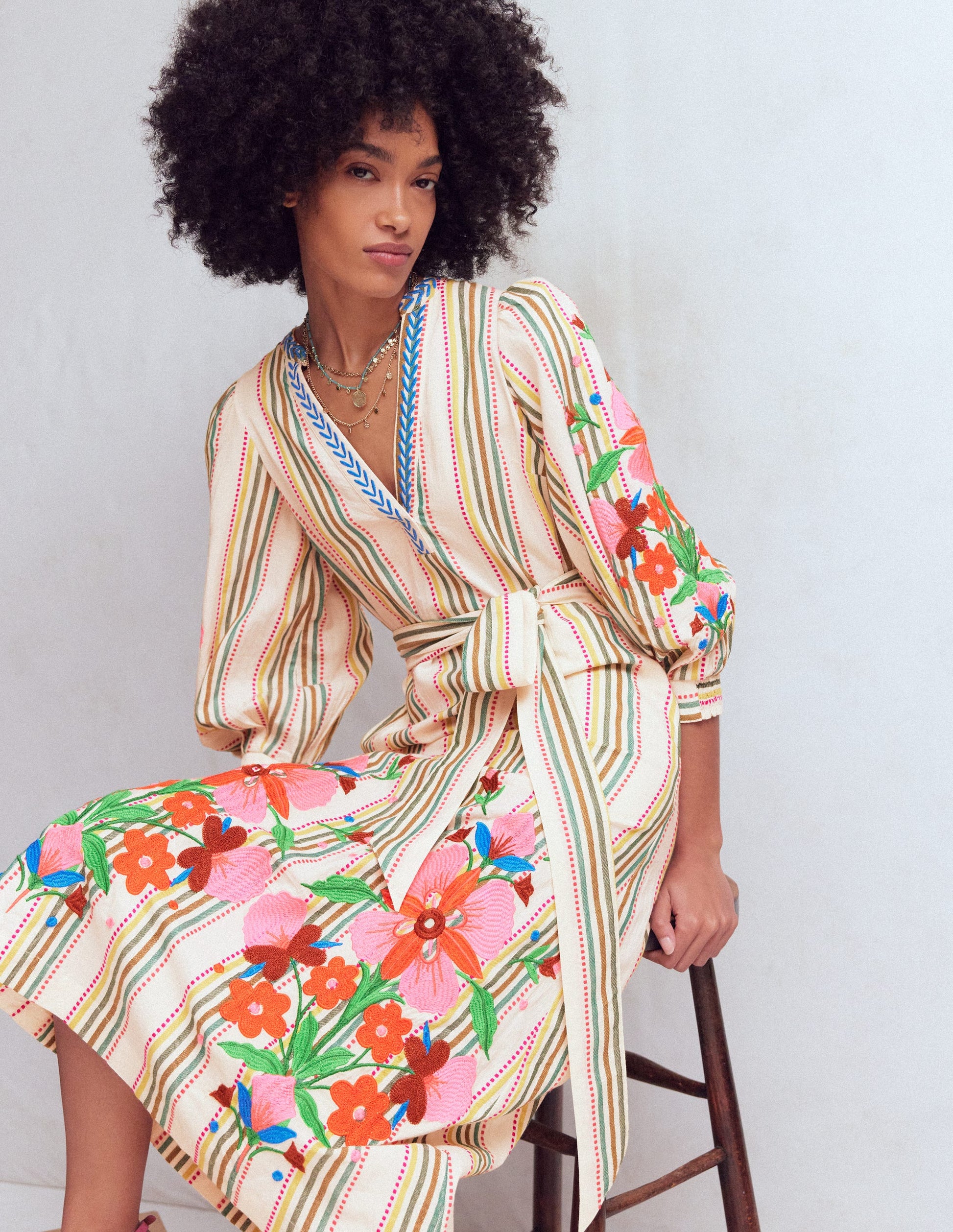 Octavia Cotton Dress - Multi Embroidery Stripe