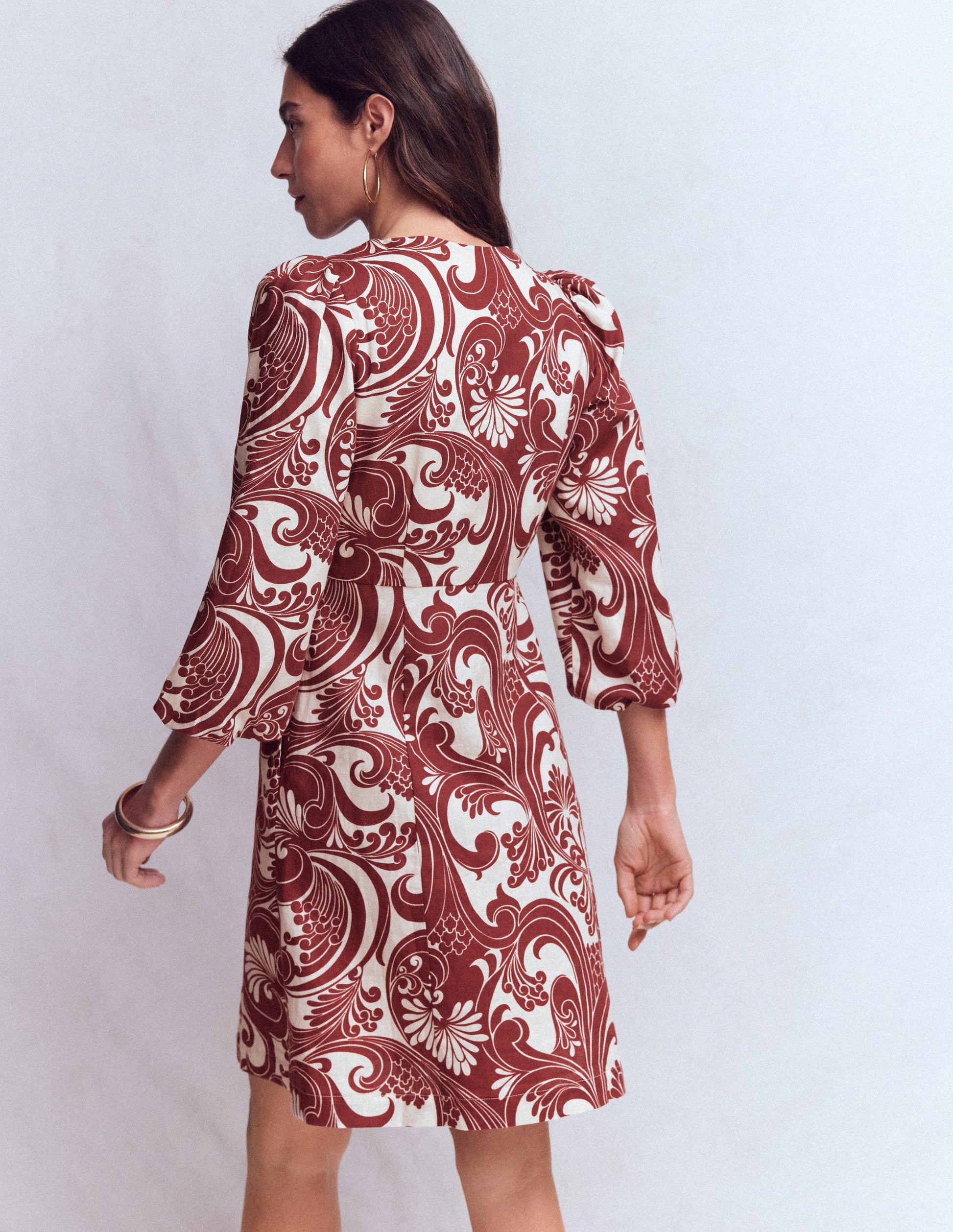 Marla Linen Blend Short Dress-Brown Foliage Whirl-4